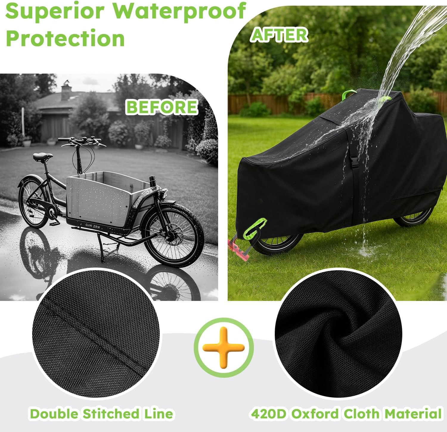 UUT Cargo Bike Cover &ndash; 420D Oxford Fabric, Waterproof & Uv-Resistant,Front Buckle + Cross Straps for Windproof Protection &ndash; Reflective Handle & 2 Bonus Tie-Down Straps &ndash; Fits Most Cargo Bike Models image number 2