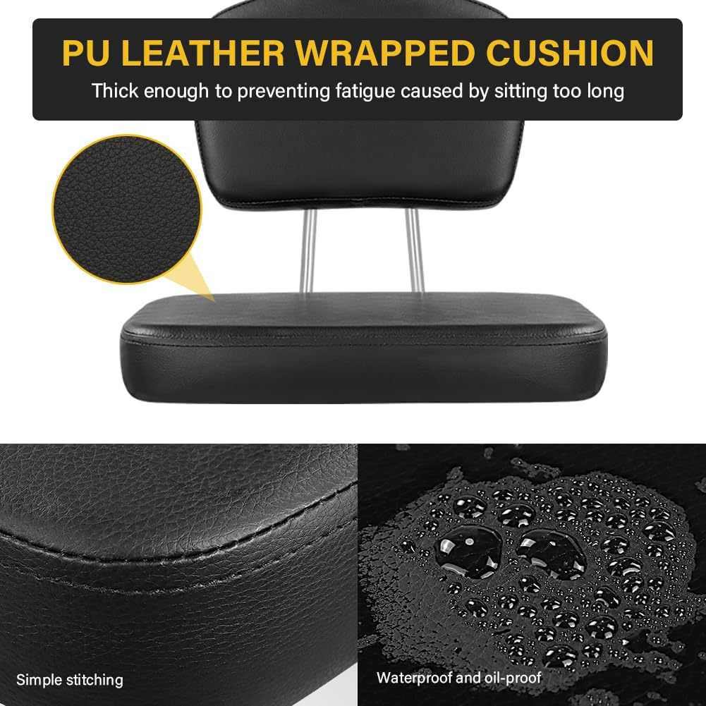 Rolling Stool Chair with Backrest Height Adjustable 360&deg; Swivel Stool with Wheels Square Seat PU Leather Rolling Stool for Bedroom Counter Shop Salon Massage Home Office Drafting Work (Black)