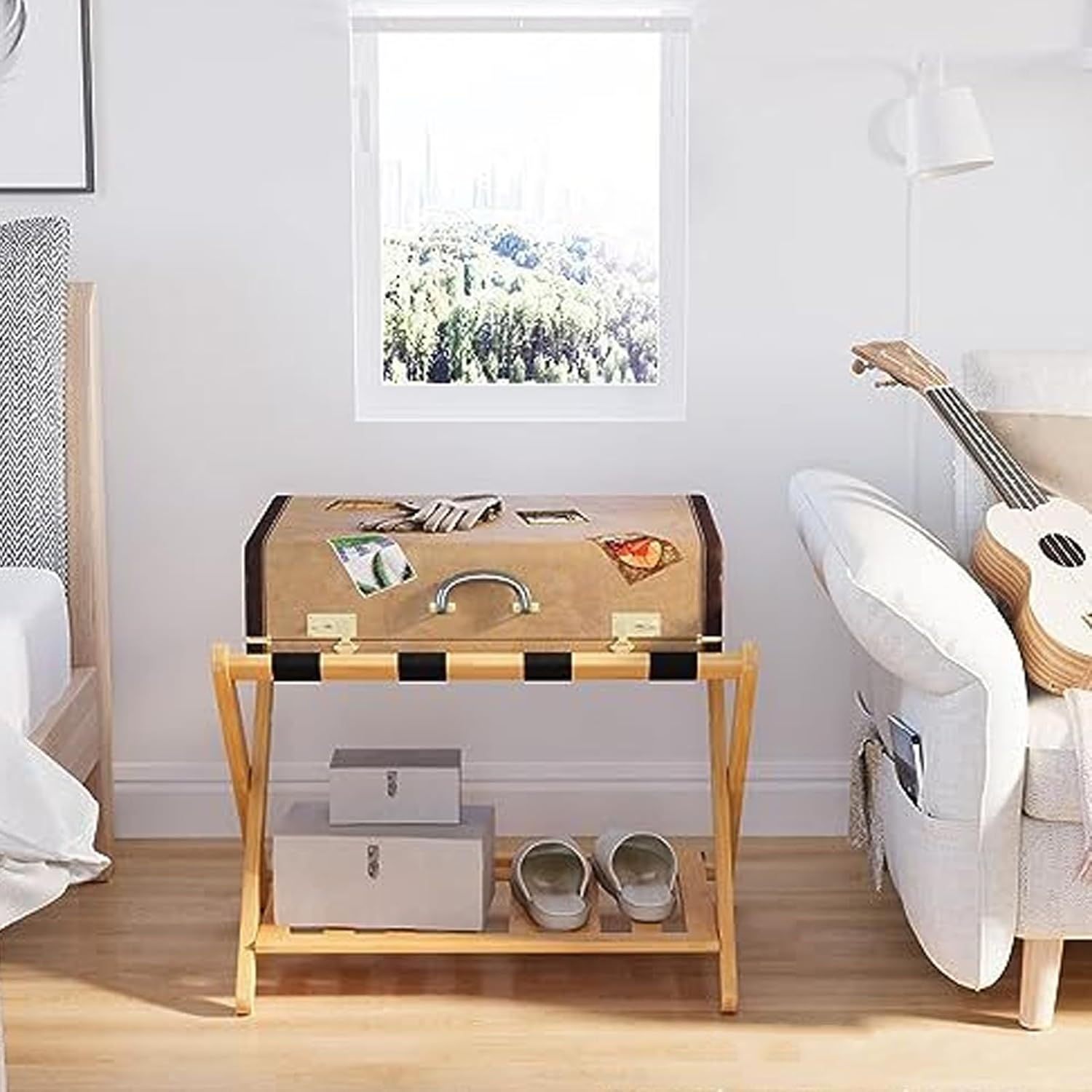 Wooden Luggage Rack with Storage Folding Suitcase Stand Quick Assembly - Home/Storage & Organisation/Clothing & Wardrobe Storage image number 1