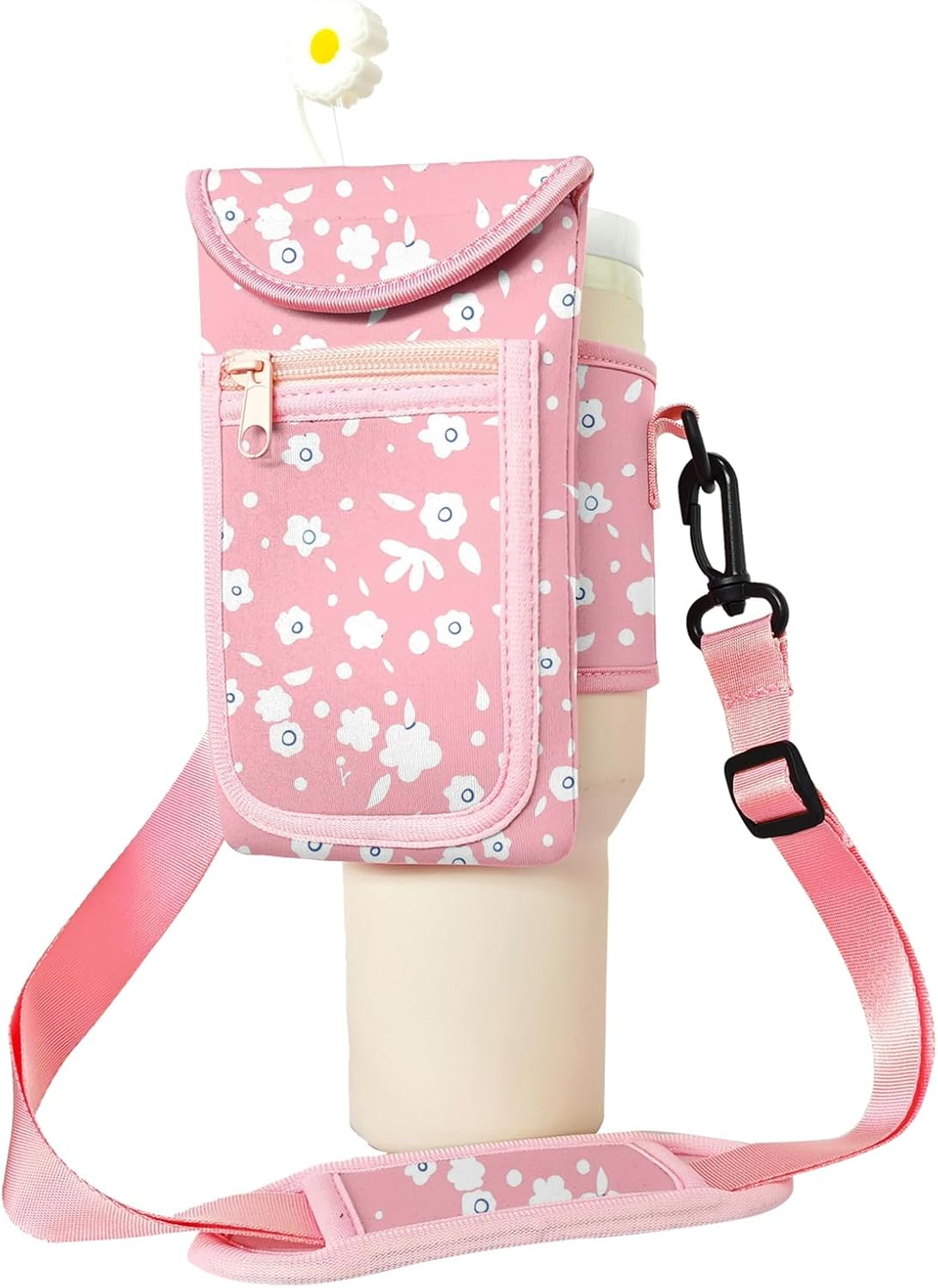 Water Bottle Carrier Bag with Pocket Fits for Stanley 40 Oz Tumbler, Neoprene Water Bottle Holder Pouch with Adjustable Strap for Stanley Cup Accessories (Pink Flower)