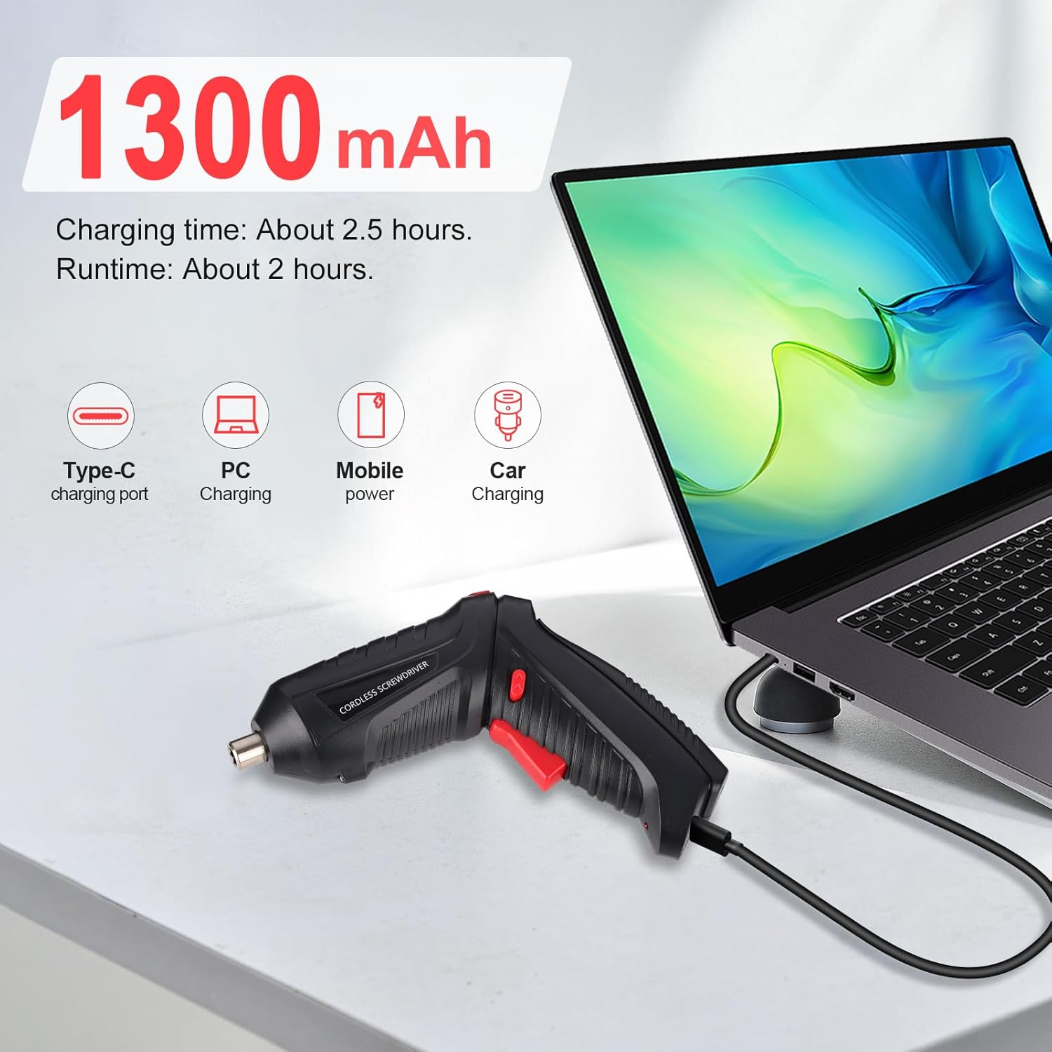 Enginer Cordless Screwdriver Kit: 3.6V Type-C Rechargeable, Led-Arbeitslicht + Taschenlampe, Lightweight, Multi-Purpose Tool for Home DIY, Furniture Assembly, Wood/Tile/Glass Repair image number 2