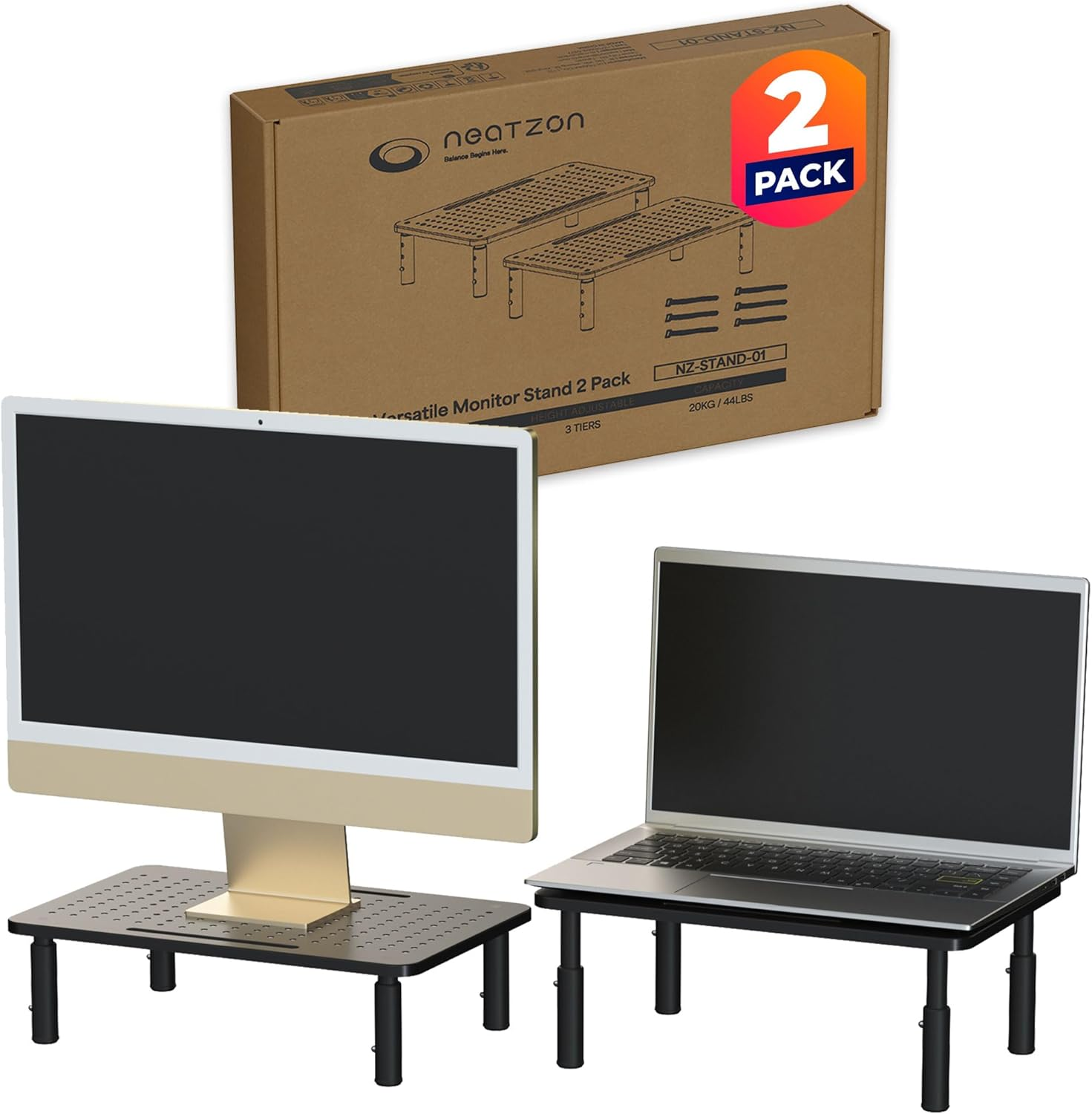 Neatzon Universal Monitor Stand 2 Pack &ndash; 3-Height Adjustable Desktop Riser for Screens, Laptops, and Storage, 6 Cable Management Ties, Easy Assembly, NZ-STAND-01 image number 4