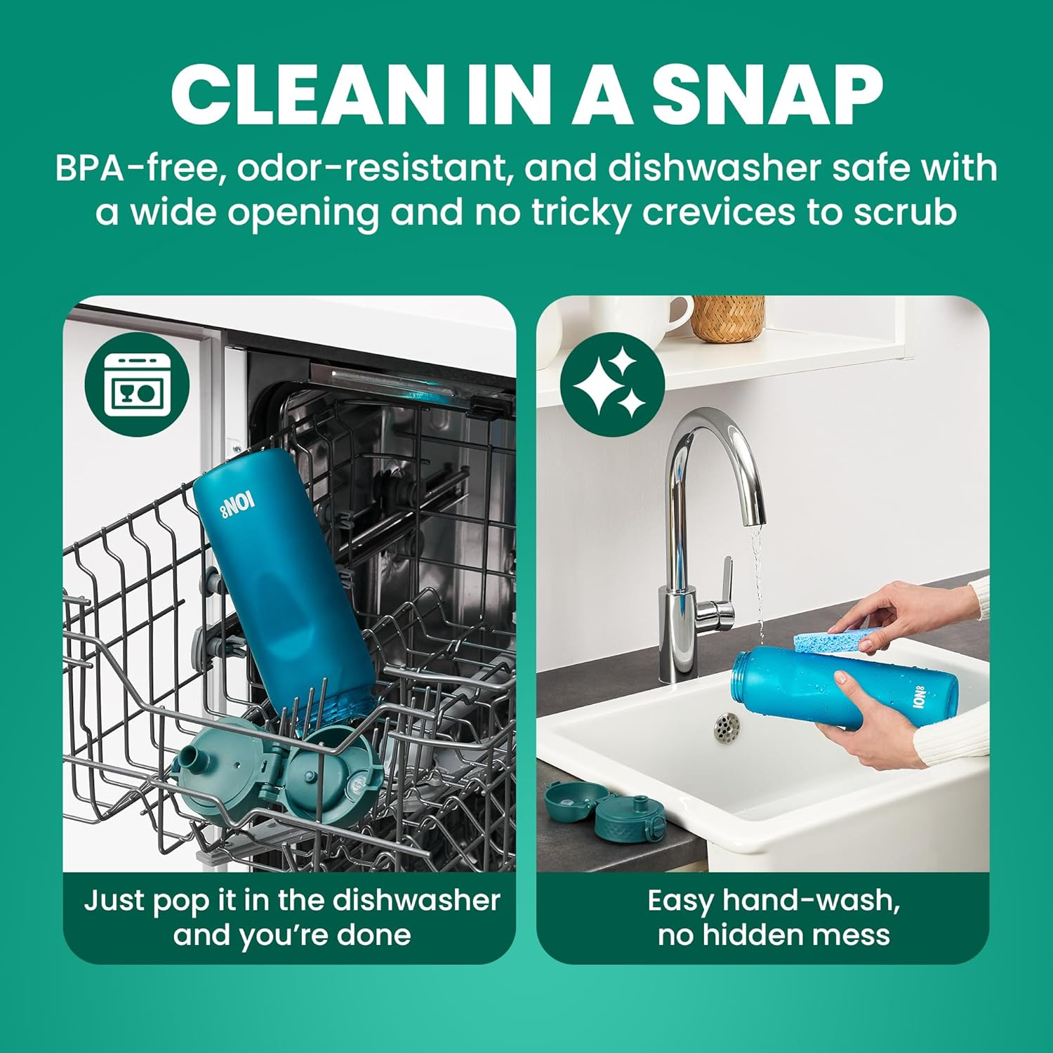 Ion8 Sports Water Bottle, 750 Ml/24 Oz, Leak Proof, Easy to Open, Secure Lock, Dishwasher Safe, BPA Free, Flip Cover, Carry Handle, Soft Touch Contoured Grip, Easy Clean, Odour Free, Aqua image number 3