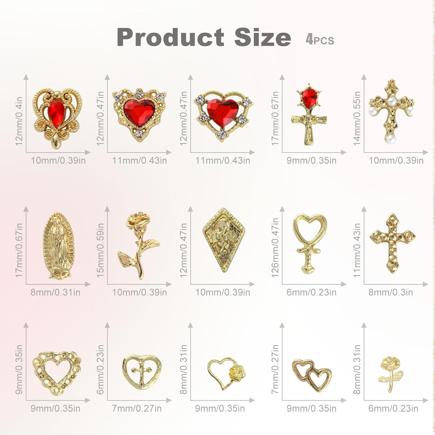 60PCS Nail Charms and Gems Gold & Red - 3D Elegant Nail Art Charms for Stunning Decorations - Jewelry for Manicure, DIY Craft, and Professional Design (Rose, Heart, Gold Cross) image number 2