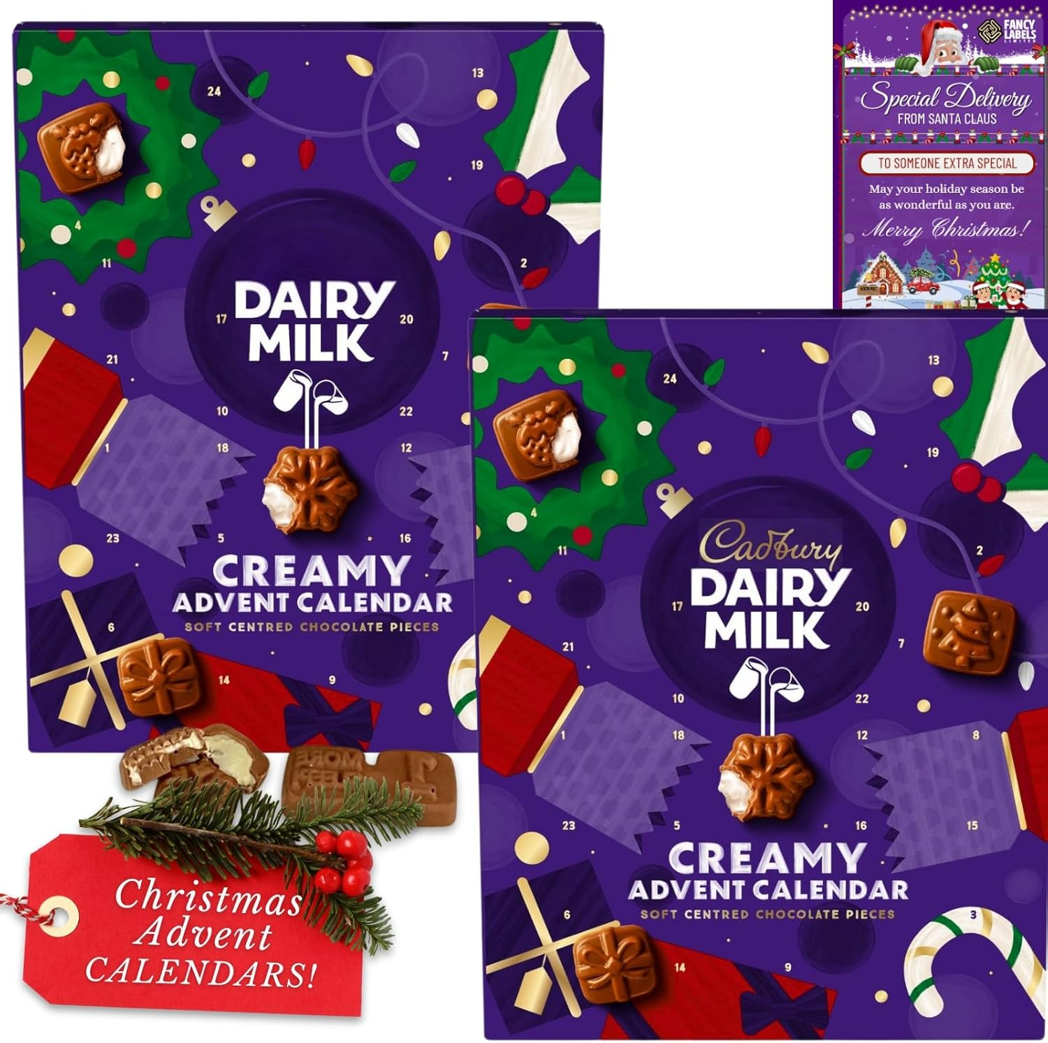 Chocolate Advent Calendar with Cadbury White Chocolate Advent Calendar 90G and Cadbury Chocolate Christmas Tree Decorations 72G Bundle with Fancy Labels Christmas Card