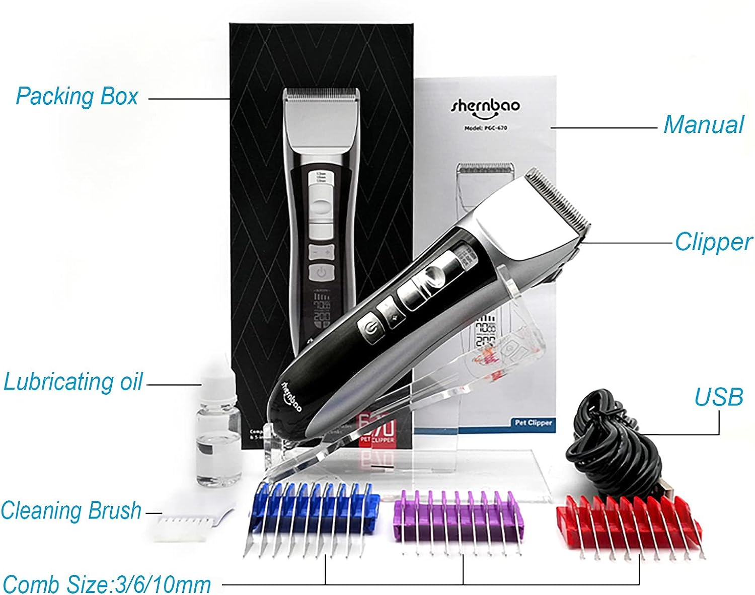 Shernbao 4-In-1 Pet Grooming Clipper, 5-Speeds Cordless Low Noise Pet Hair Clipper, Detachable Blades, and Compatible Attachment Combs (ACK-002) image number 6