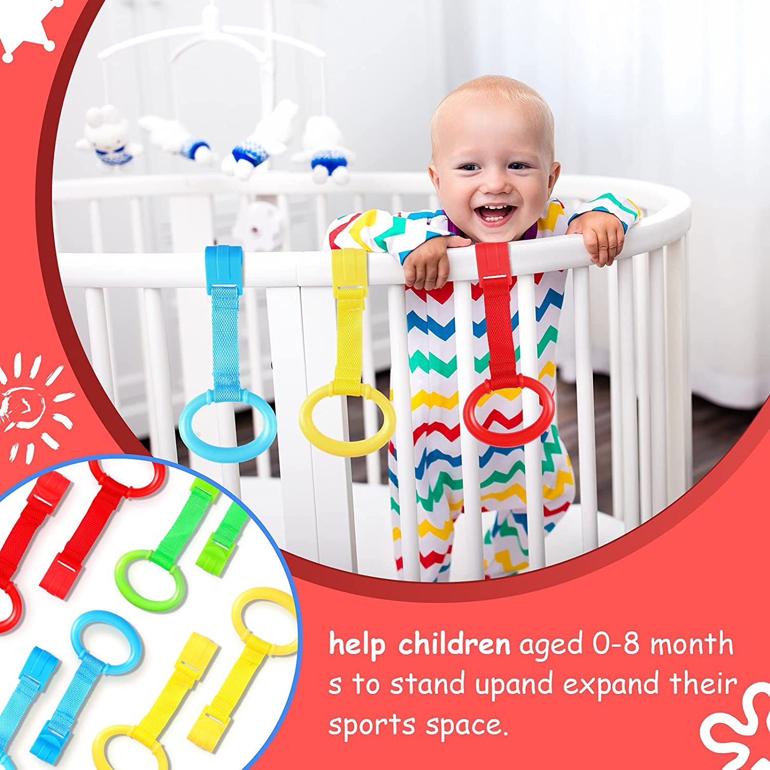 Sumind 8 Pieces Baby Pull up Rings for Playpen Baby Crib Pull Ring Baby Walking Exercises Assistant Bed Stand up Hanging Tool for Infant Toddler Practice image number 1