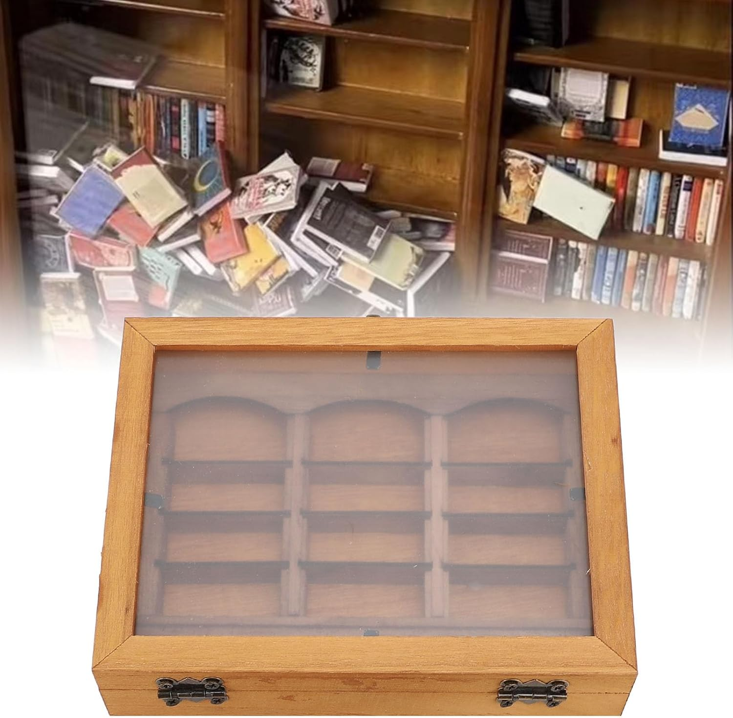 Jiawu Anxiety Bookshelf, Mini Wooden Book Box Display Case with 196 Books, Miniature Book Library Cabinet, Shake Away Your Anxiety, Desk Decor for Home, Living Room, Office image number 3