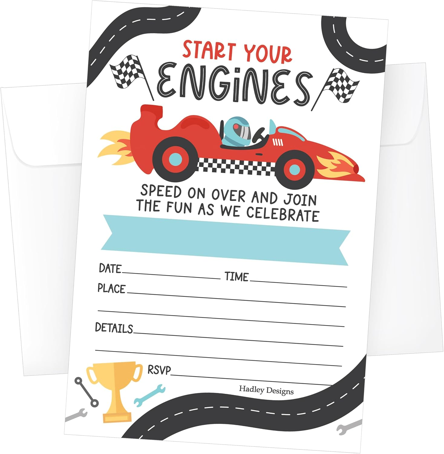 Hadley Designs Kids Birthday Invitations for Boys Race Car Theme - 15 Racing Truck Birthday Party Invitations for Boys with Envelopes, Speed on over Invites for Boy, Cute Party Supplies, Made in USA