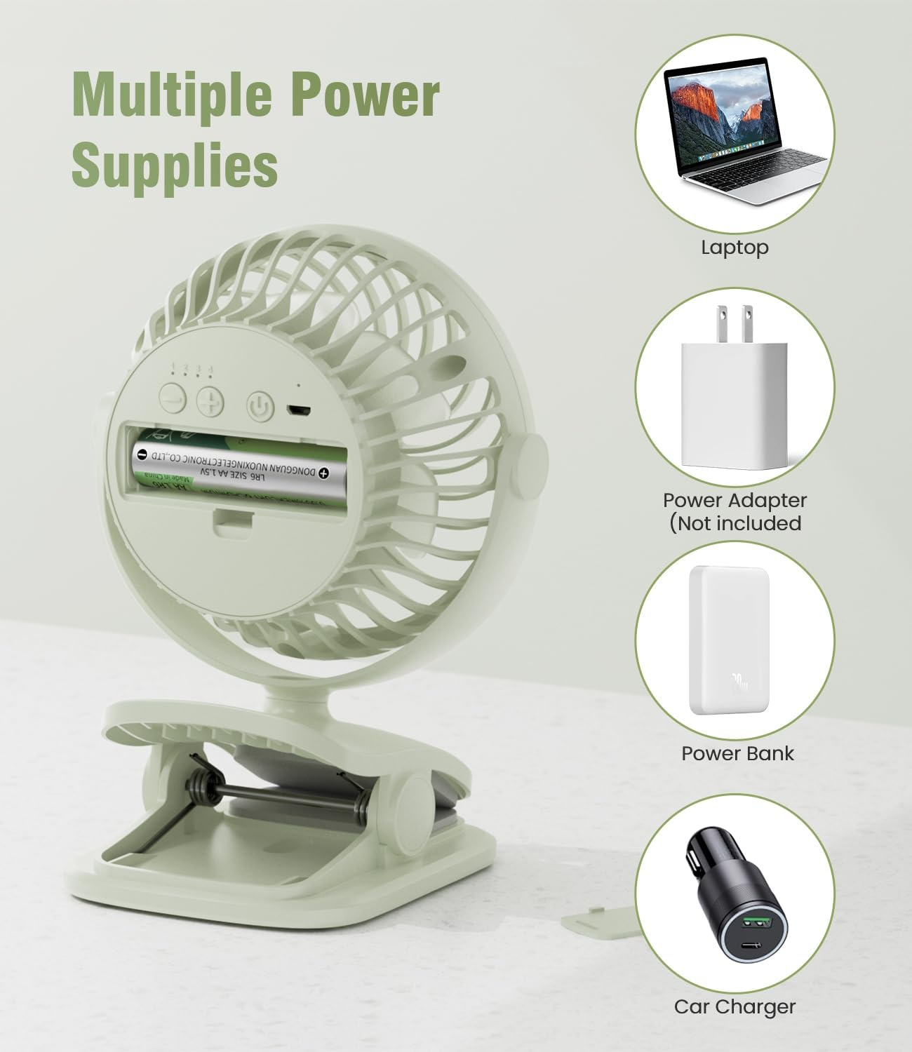 Portable Baby Stroller Fan, Rechargeable Battery Operated Clip Fan, USB Powered Samll Personal Fan, 4 Speeds, Quiet Desk Fan for Office, Dorm and Outdoor Activity-Green image number 5