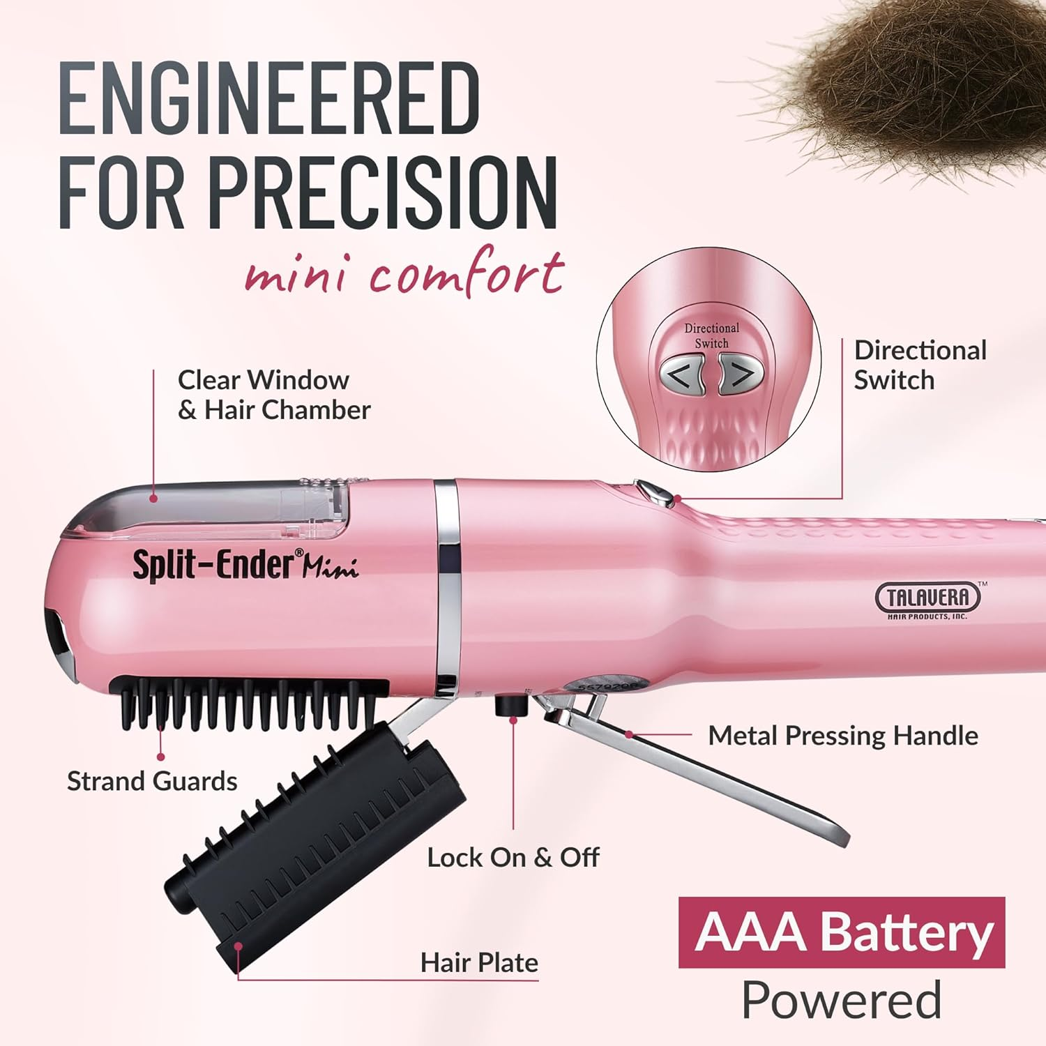 Split Ender Mini &ndash; Original Cordless Split End Hair Trimmer for Dry, Damaged, Brittle, Curly, Frizzy, or Straight Hair &ndash; Battery Operated Home Styling Tool for Split Ends (Battery-Powered, Light Pink) image number 6