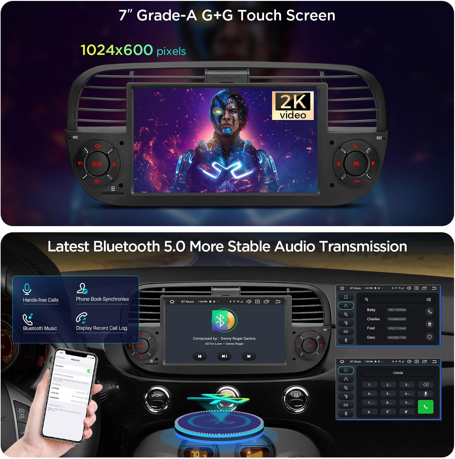 XTRONS for Fiat 500 (2007-2015) Touch Screen Radio, 7 Inch Android 14 Car Stereo for Fiat 500 Replacement Head Unit Built-In DSP Car Play Android Auto 4+64GB (Black)