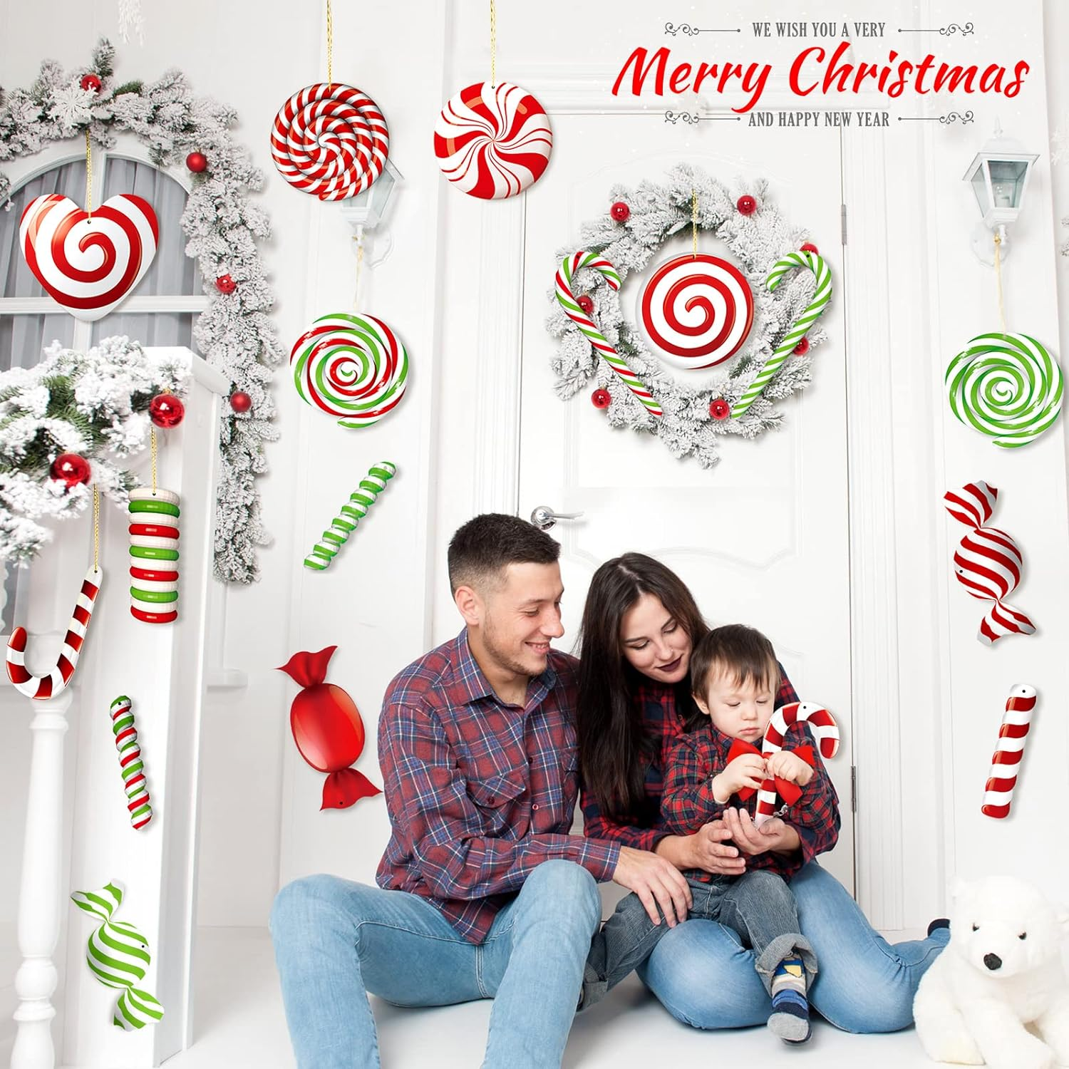 20 Pcs Christmas Yard Signs Ornaments Double Sided Christmas Peppermint Candy Hanging Ornaments Christmas Large Candy Yard Decorations Christmas Tree Decorations for Candy Party Outdoor Yard Decor image number 1