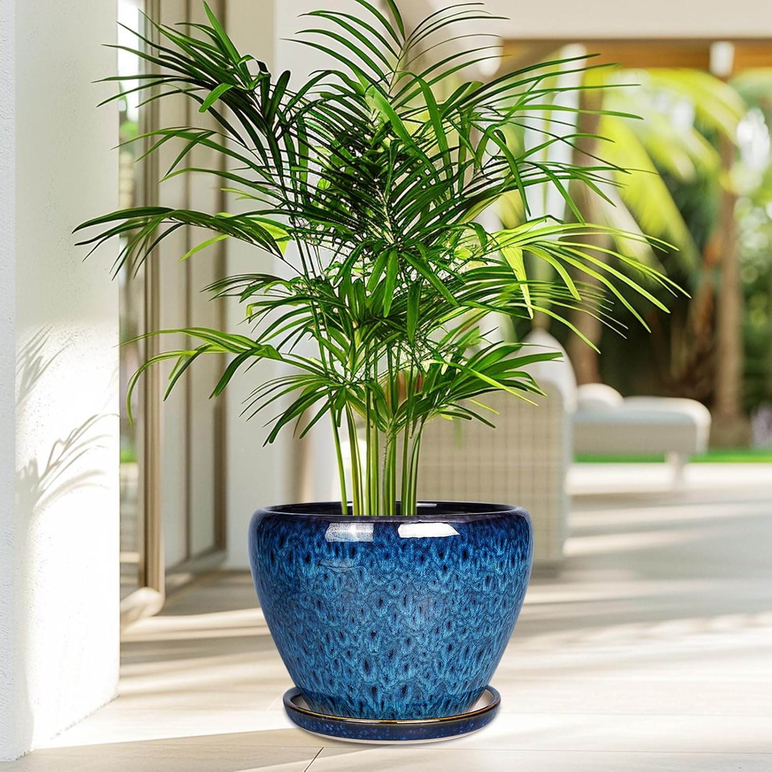 10 Inch Ceramic Planter Pot, Ceramic Plant Pot for Indoor Outdoor Plants, Large Flower Pot with Drainage Hole and Saucer, Blue image number 6