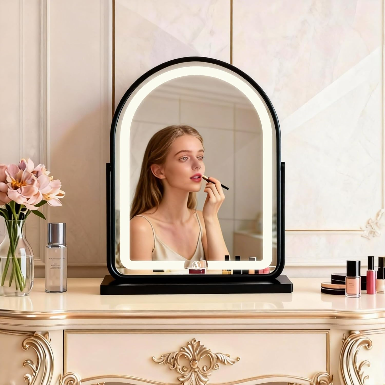 GDJIAYIYI Arched LED Vanity Mirror,Makeup Mirror with Lights,Tabletop Makeup Mirror,Touch Switch Adjustable Brightness, 360&deg; Rotation, 3-Color Light Countertop Vanity Mirror (White,44 * 32Cm)