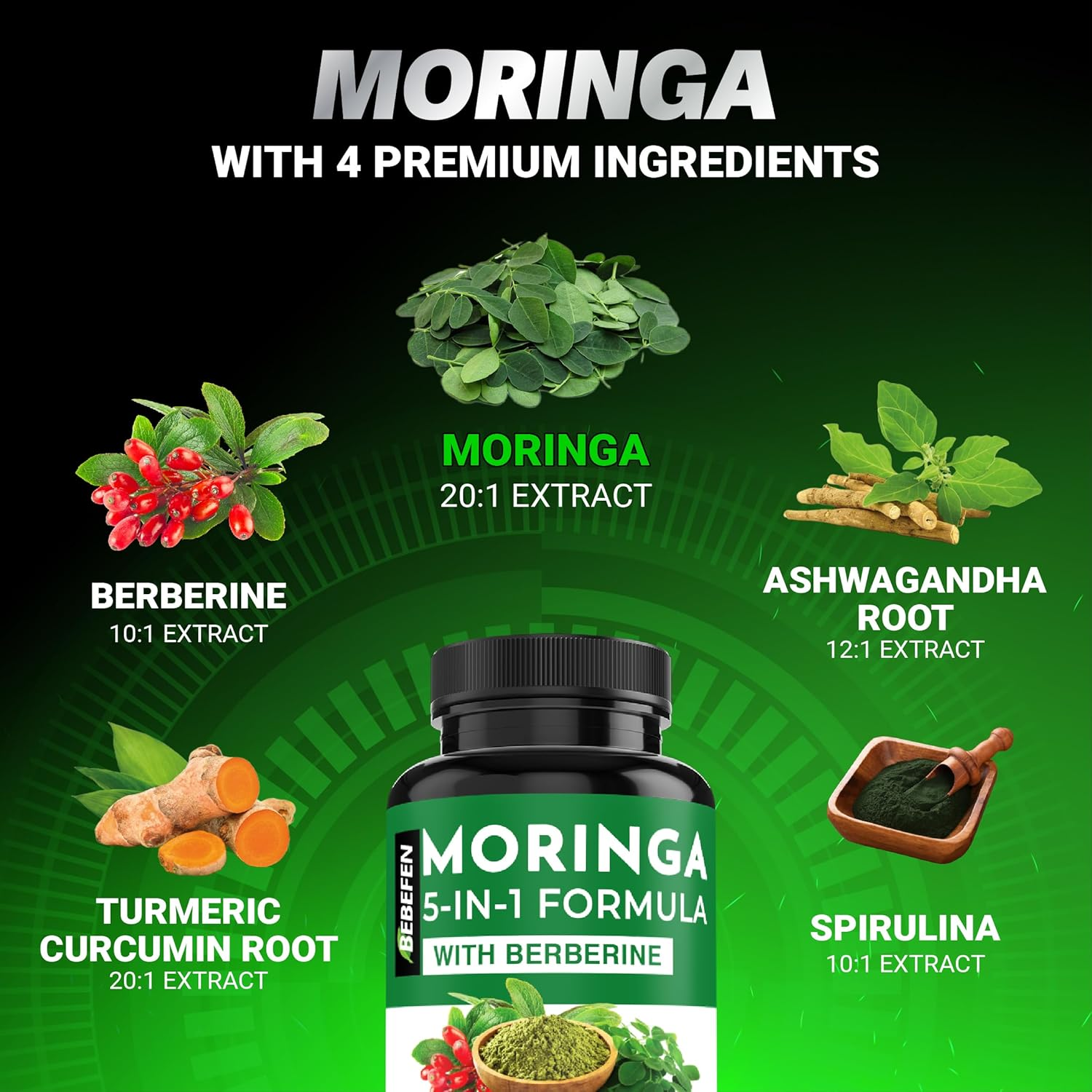 Moringa Capsules with Berberine | Turmeric | Ashwagandha | and Spirulina - 5In1 Moringa Supplement - Equivalent 8600Mg per Capsule - 90 Capsules for 3 Months Supply image number 3