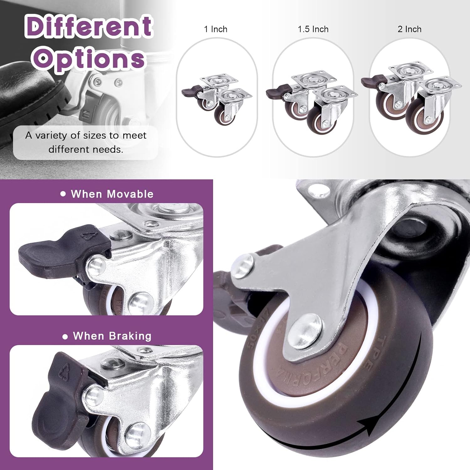 Swpeet 21Pcs 1 Inch Swivel Caster Wheels Set, Heavy Duty No Noise Rubber Casters 2 with Brakes 2 without Brakes, Locking Casters with Screws and Screwdrvier, Swivel Plate Castor Wheels for Furniture image number 5