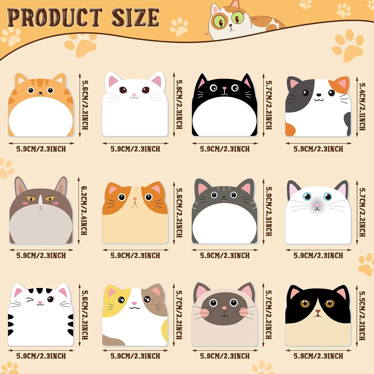 Yinder 24 Pads Cute Sticky Notes Kawaii Fun Animal Sticky Notes Pads Bulk Cartoon Memo Self Adhesive for Veterinary Gift Office School Tab Party Supplies(Cats) image number 4