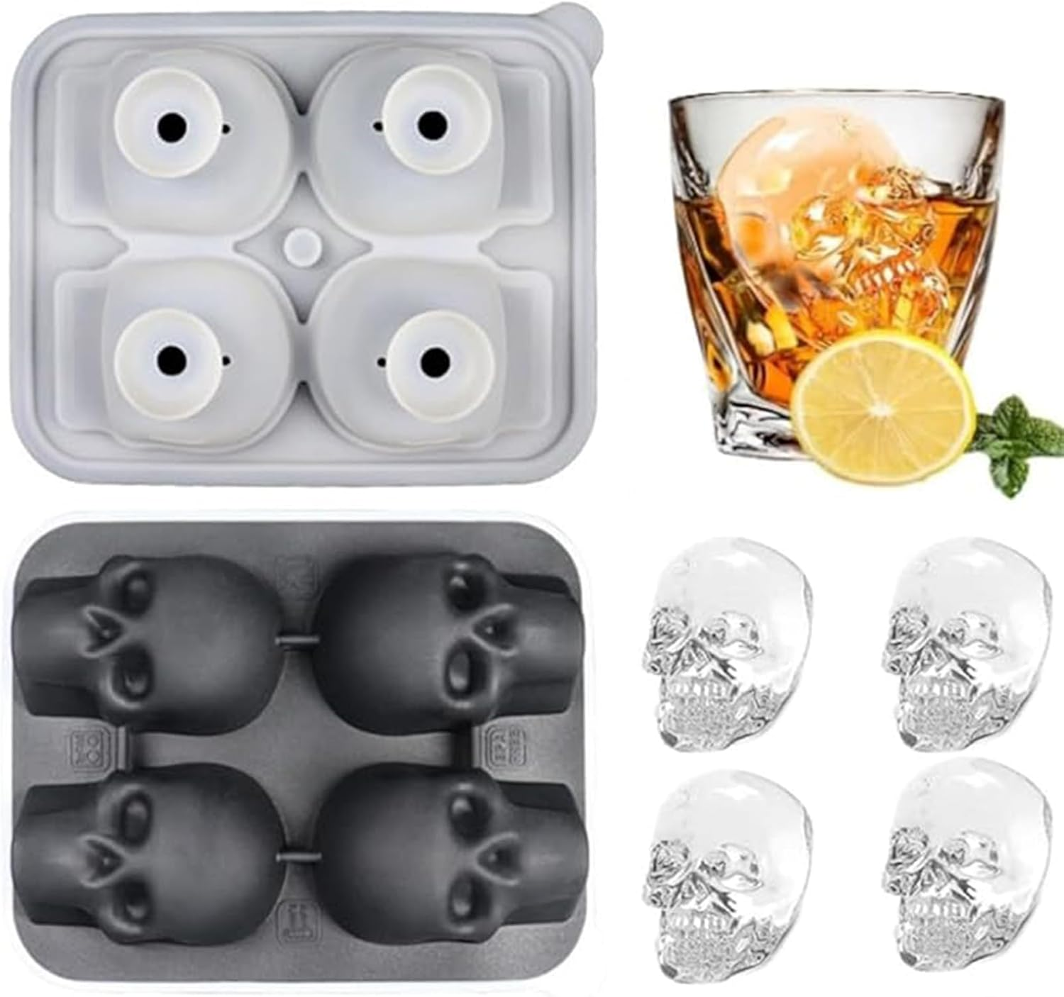 4 Cavity 3D Skull Ice Cube Mold,Easy Release Silicone Mold， for Whiskey,Easy Release Silicone Mold，Bourbon, Cocktails and Juice(Black) image number 3