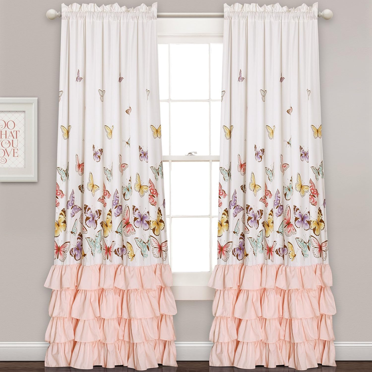 Lush Decor Flutter Butterfly Curtains | Ruffle Print Design Window Panel Set for Living, Dining, Bedroom (Pair), 84&rdquo; X 52&rdquo;, Pink image number 3