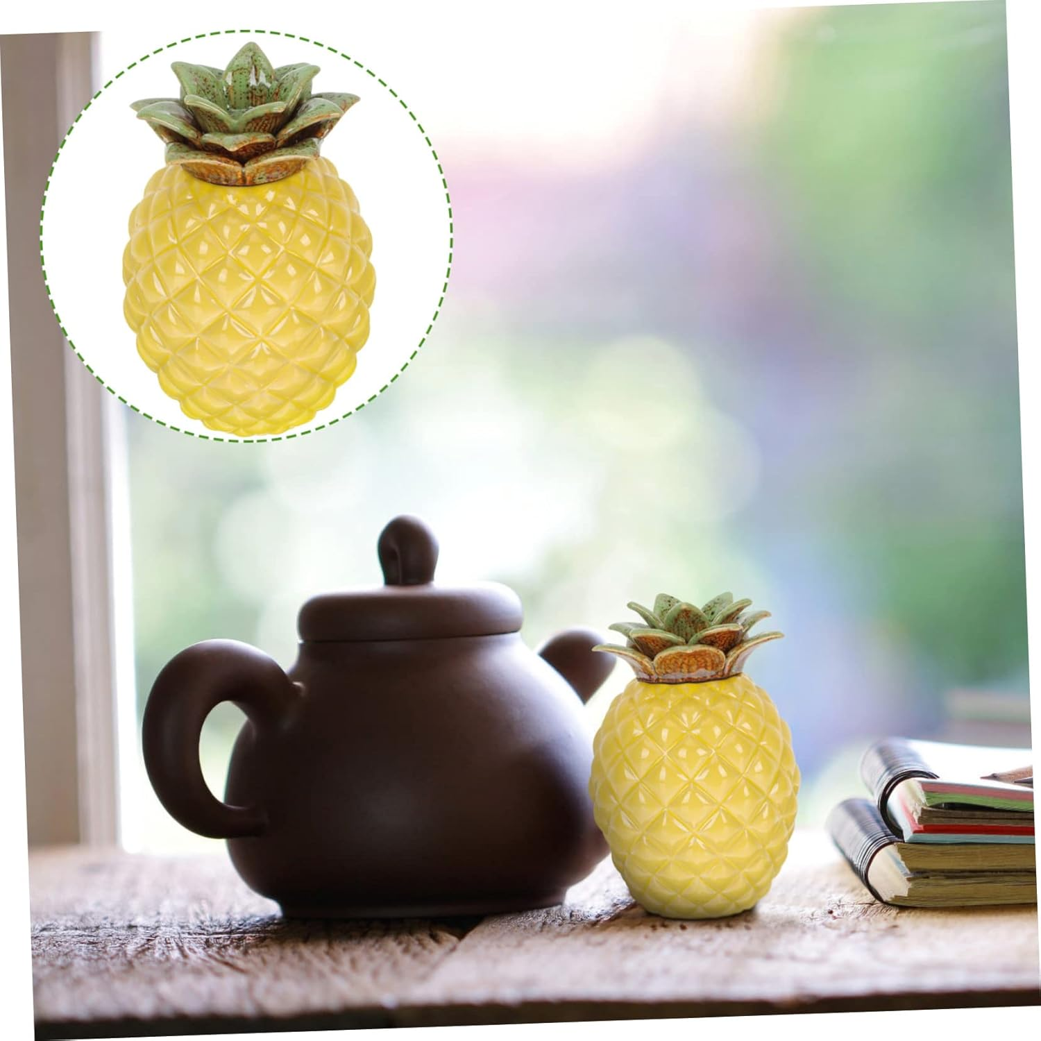 OKUMEYR Ceramic Pineapple Shape Tea Canister Tea Storage Jar Airtight Lid Home Office Decor