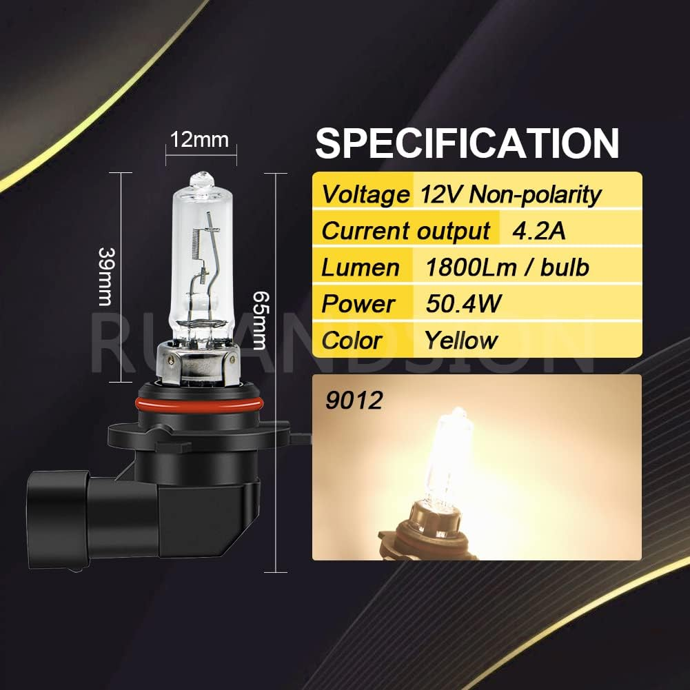 Ruiandsion 2Pcs 9012 HIR2 Standard Headlight Light Bulb 55W 12V Super Bright Yellow Replacement for Halogen Fog Lights image number 5