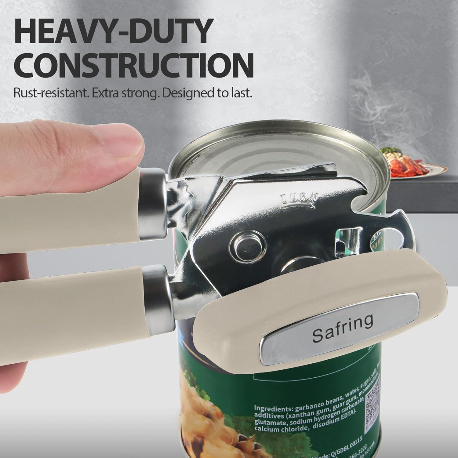 Safring Can Opener Manual, Heavy Duty Handheld Strong Can Opener with Soft Touch Handle, Sharp Blade Smooth Edge, Can Openers with Multifunctional Bottle Opener, Beige image number 2