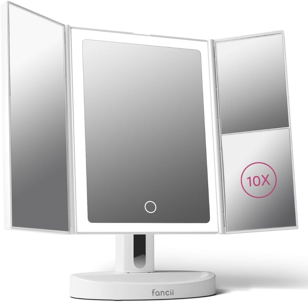 Fancii LED Lighted Makeup Mirror, Rechargeable Vanity Trifold Mirror with 5X & 10X Magnifications - 68 Dimmable Natural Lights, Touch Screen, Best Adjustable Make up Mirror with Cosmetic Stand, Tria 2 image number 4