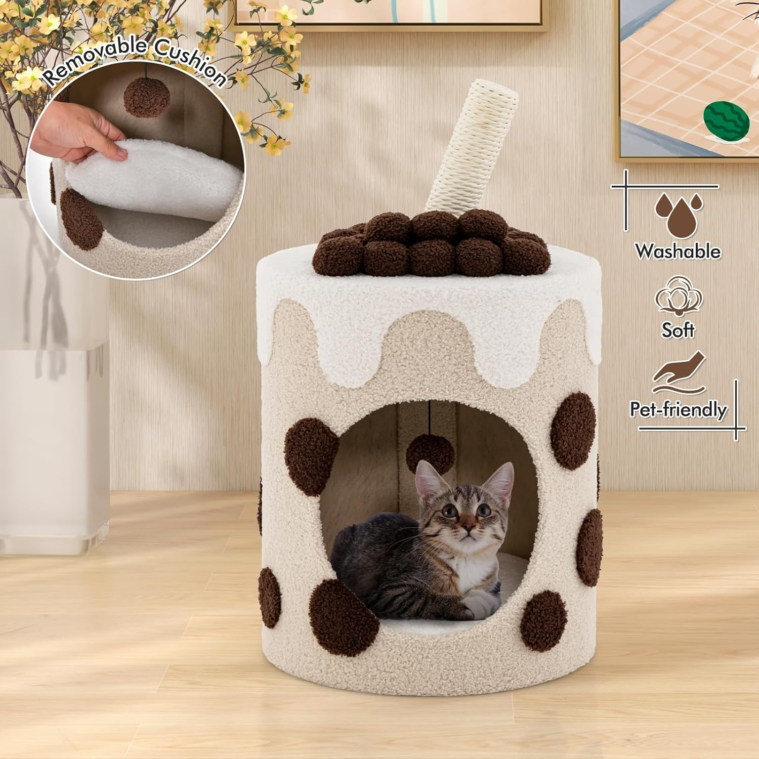 Multi-Functional Small Cat Tree Tower with Scratching Post, Dangling Ball and Cat Condo, Modern Cute Cat Tree for Indoor Cats with Soft Cushion-Purple - Purple image number 6