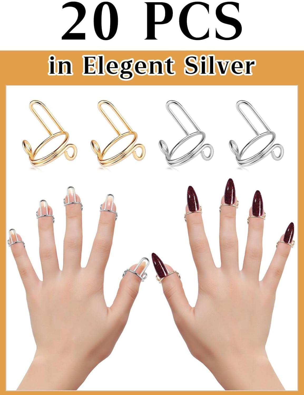 20PCS Nails Rings, EBANKU Adjustable Nails Rings Detachable Reusable Women Gift Ring Set with 96PCS Adhesive Nail Tabs for Acrylic Nail Art Decoration - Gold and Silver image number 4