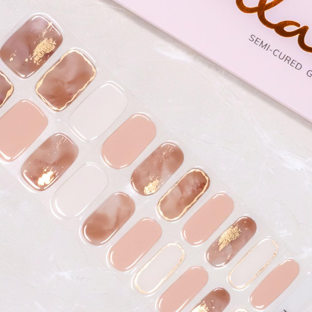 Wilana Gel Nail Stickers - Long-Lasting Semi-Cured Gel Nail Strips - Pink Marble and Gold (Nude Quartz) image number 4