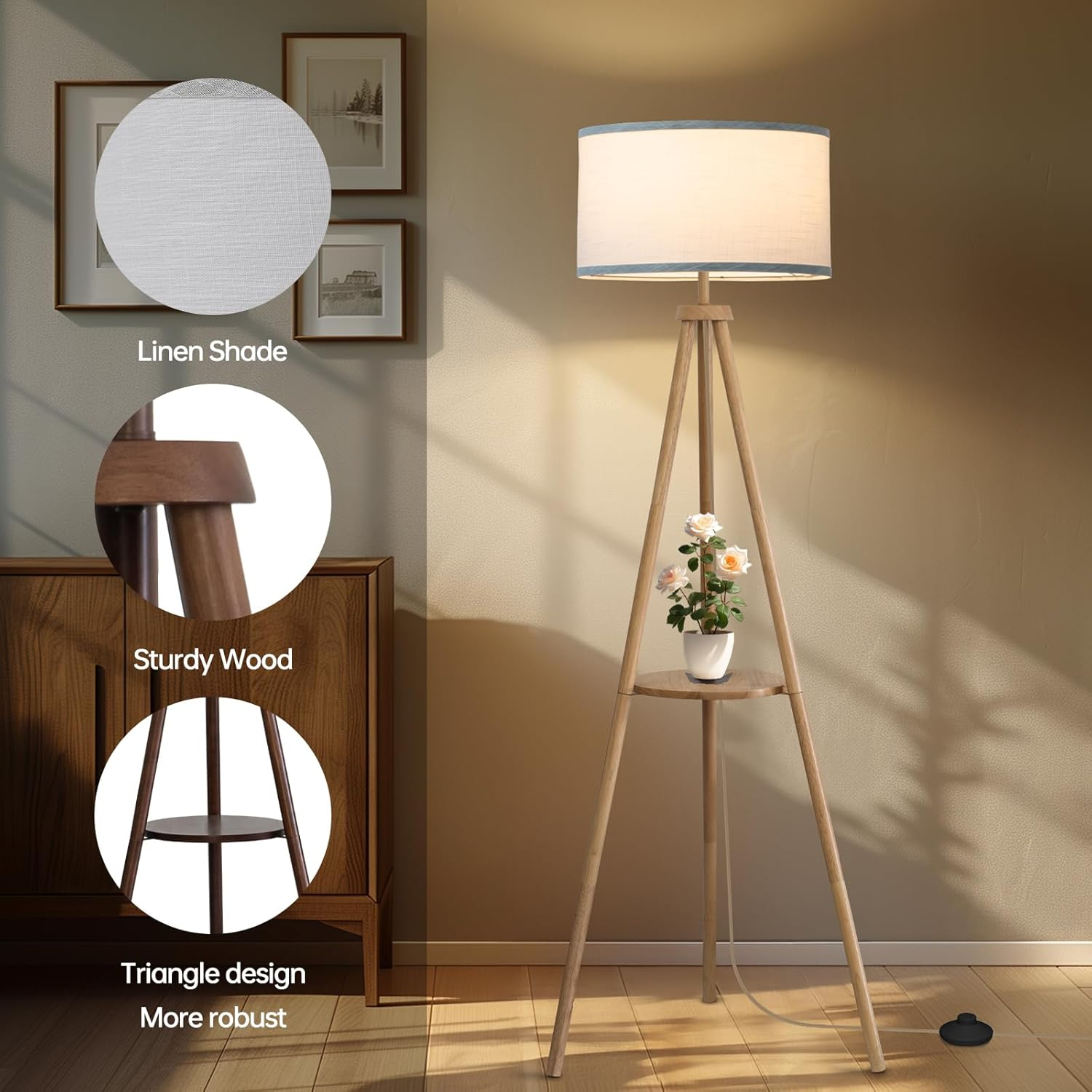 EOEYYOYB Floor Lamp with 3 Light Modes Adjustable&ndash; Wood Tripod Standing Lamp Modern LED Corner Light Lamp with Dimmable Brightness, Perfect for Living Room, Bedroom, and Office, Burlywood - Burlywood image number 5