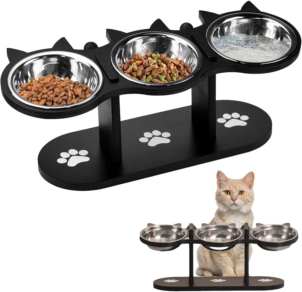 Cat Bowls Elevated, Raised Cat Food Bowls, Adjustable Heights Cat Food and Water Bowl with Black Shelf, 3 Stainless Steel Cat Dishes for Food and Water image number 1
