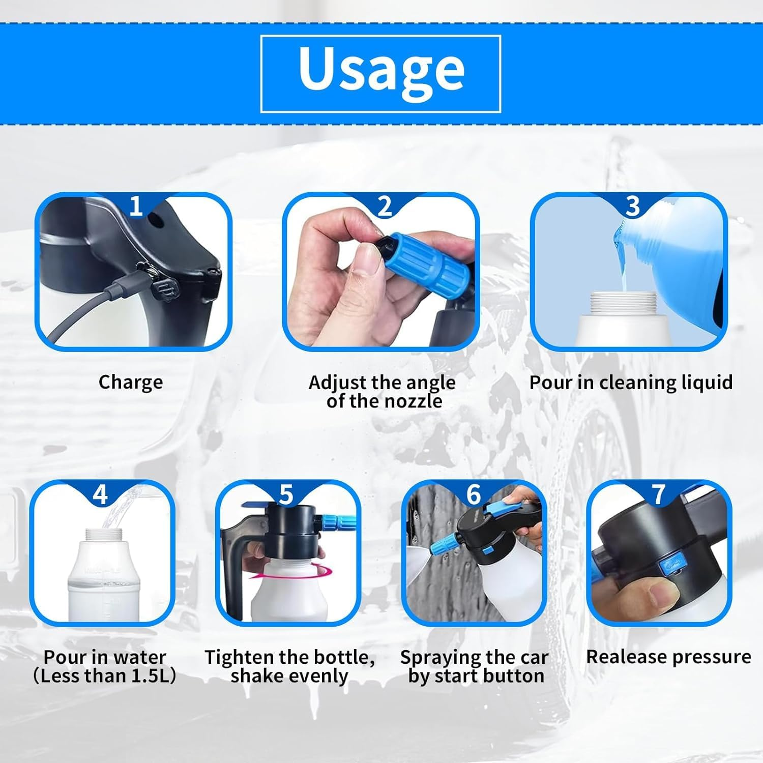 Yuedefly Electric Foam Sprayer with USB - Electric Pressure Car Foam Sprayer, 1.5 Liters Large Capacity Foam Blaster for Car Washing, Garden, Home and Other Cleaning image number 1