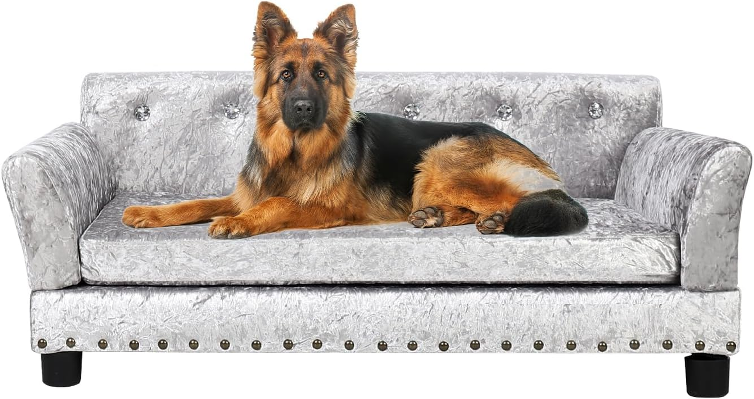 Bingopaw Large Dog Sofa Couch: Luxury Velvet Upholstered Pet Sofa Lounge Bed for Large Dogs - Wooden Frame Raised Puppy Sofa Chair with Comfortable Cushion Mat Grey L(91X72Cm) image number 4