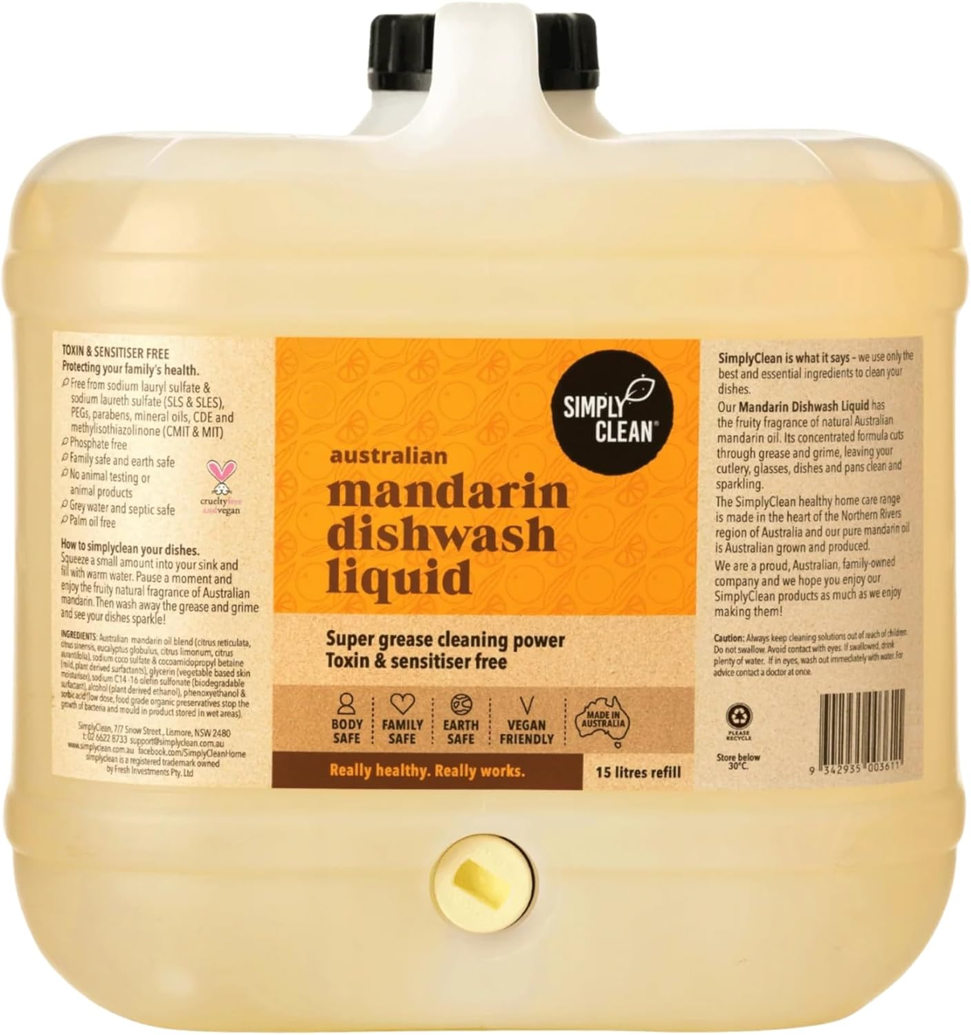 Simplyclean Mandarin Dishwash Liquid - Natural Dish Soap with Pure Australian Mandarin Essential Oil - Concentrated Grease Cutting Formula - Gentle on Skin - 15 Litres