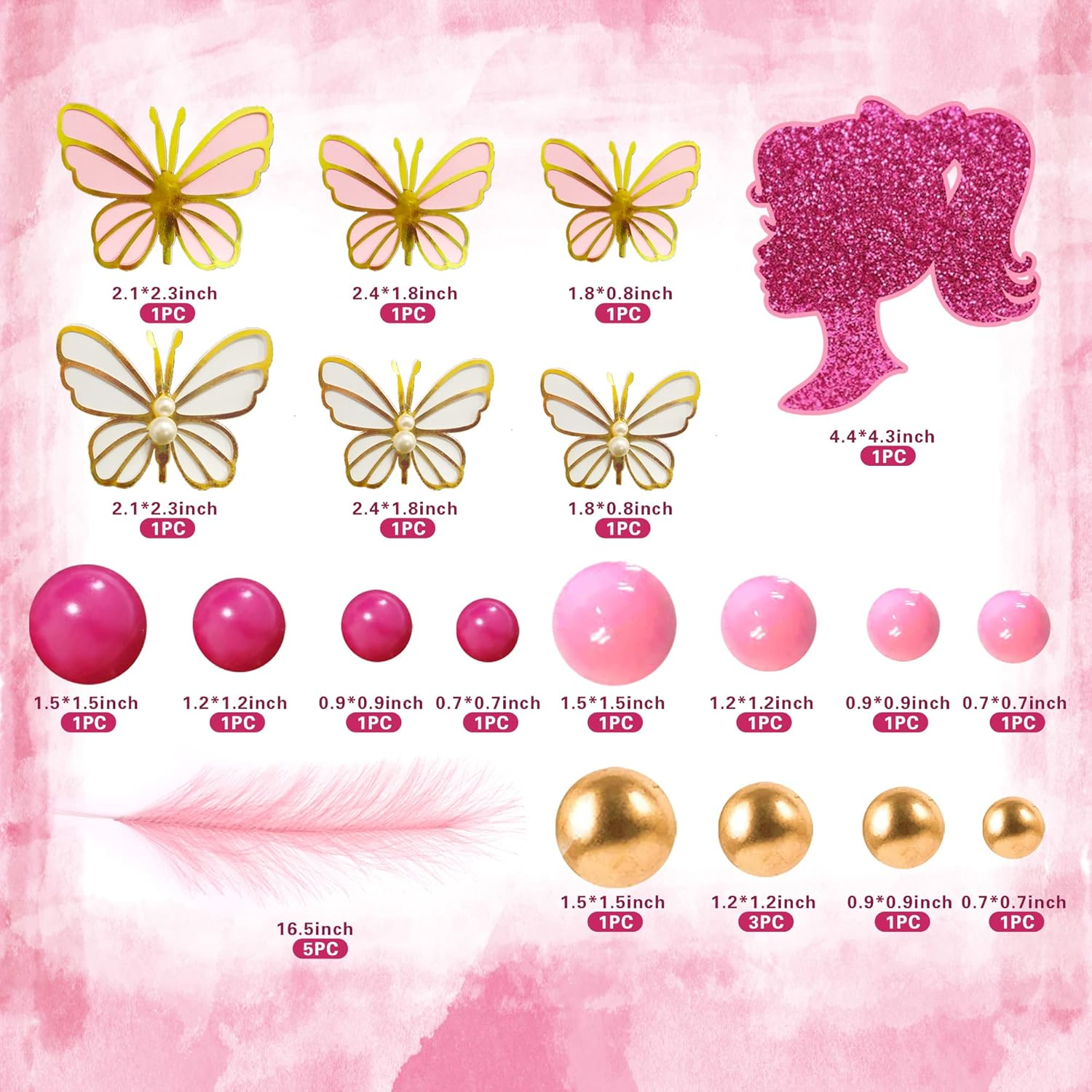 Hot Pink Girl Cake Topper Balls Cake Decorations with Shiny Stars for Wedding Baby Shower Birthday Supplies (Butterfly) image number 3