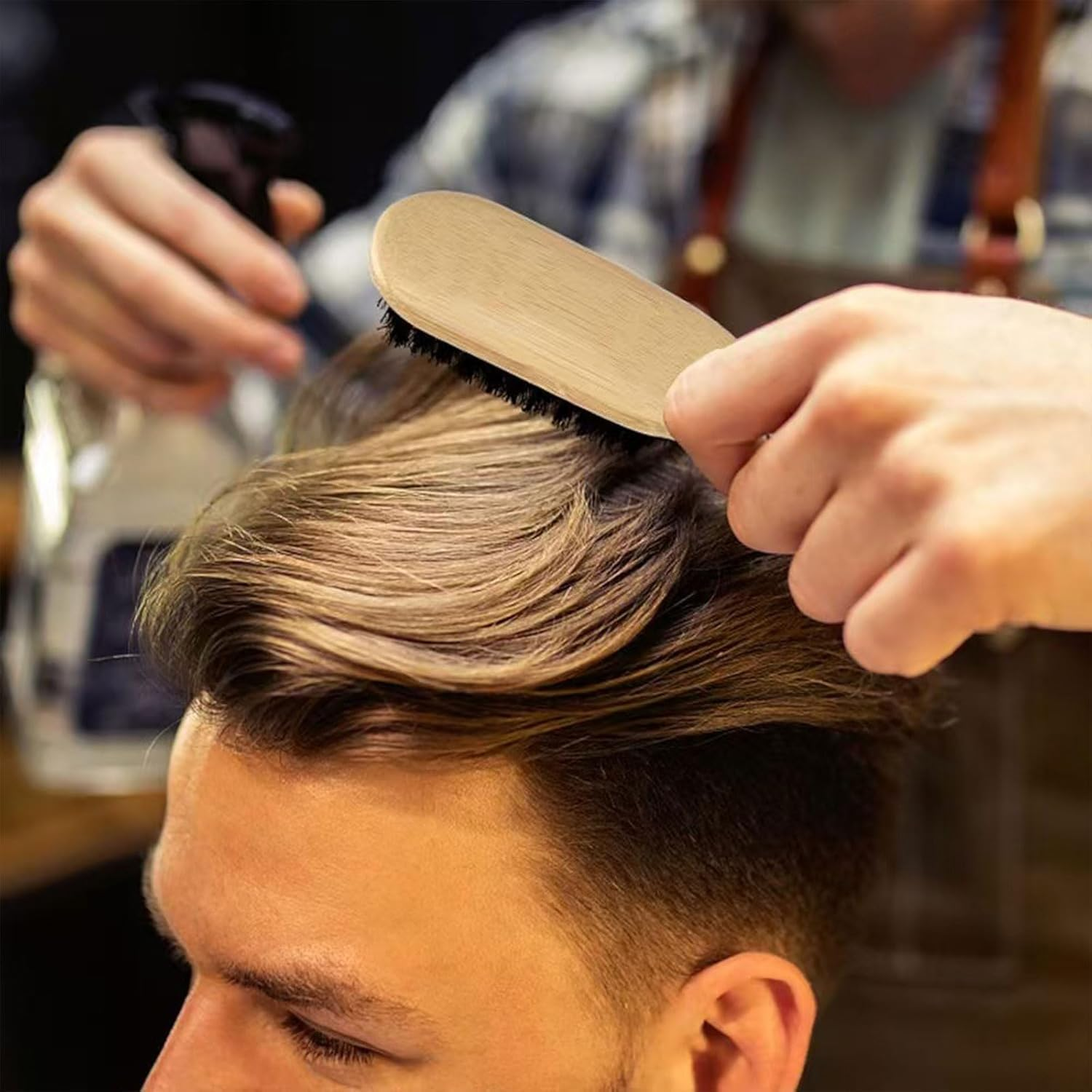 Yxvyxymyxxg​ Slick Back Styling Brush Set - 2-Pack Boar Bristle & Anti-Static with Wooden Handle for Men & Women, Large Household & Small Travel Brush for Hair & Beard image number 1