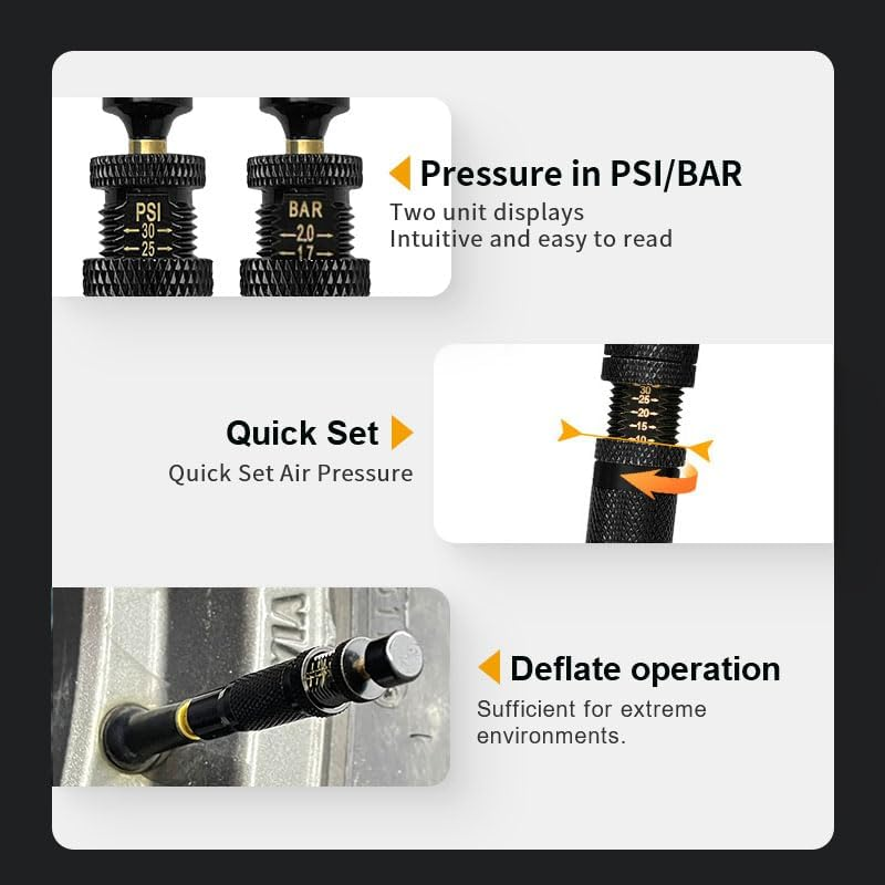 Automatic Tire Deflators Kit, 10-30 PSI / 0.7-2.1BAR Switchable Tire Deflation Tool with 5 Valve Caps, Auto Stop Tire Air Deflator Valve Kit for Motorcycle, Car, Truck, SUV, RV, UTV image number 4