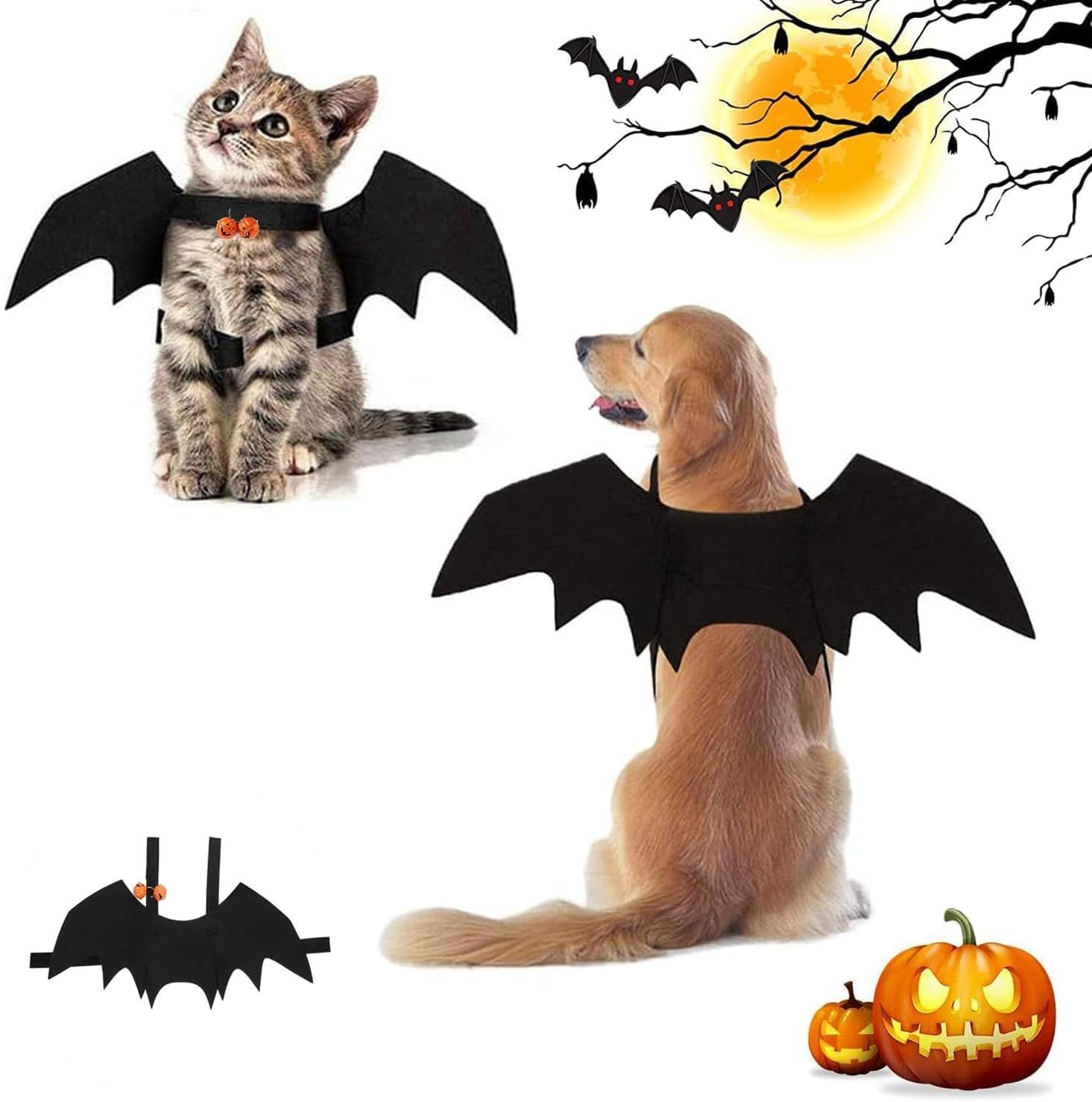 Bat Wings Cat, Halloween Cat Bat Costume Wings with Pumpkin Bell, Pet Bat Costume Cute Halloween Costume for Pets Cosplay Costume for Medium Dog Cat for Parties, M image number 2