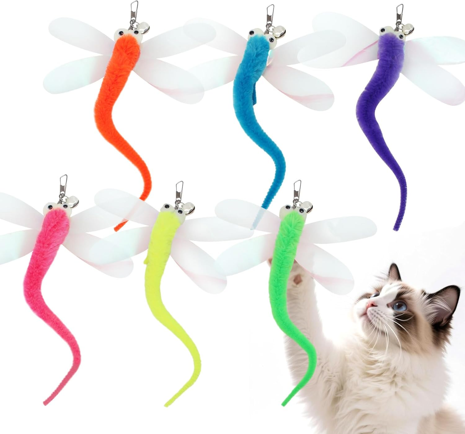 SONGWAY Cat Toy Wand Replacement - 6 Dragonflie Cat Toys, Cat Feather Toy Refills, Cat Teaser Wand Attachments, Interactive Cat Toys for Indoor Cats