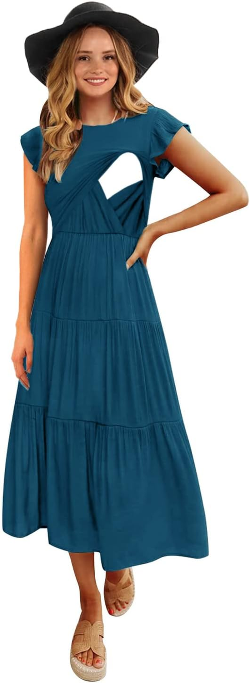 Womens Flutter Short Sleeve Smocked Tiered Nursing Dress for Breastfeeding