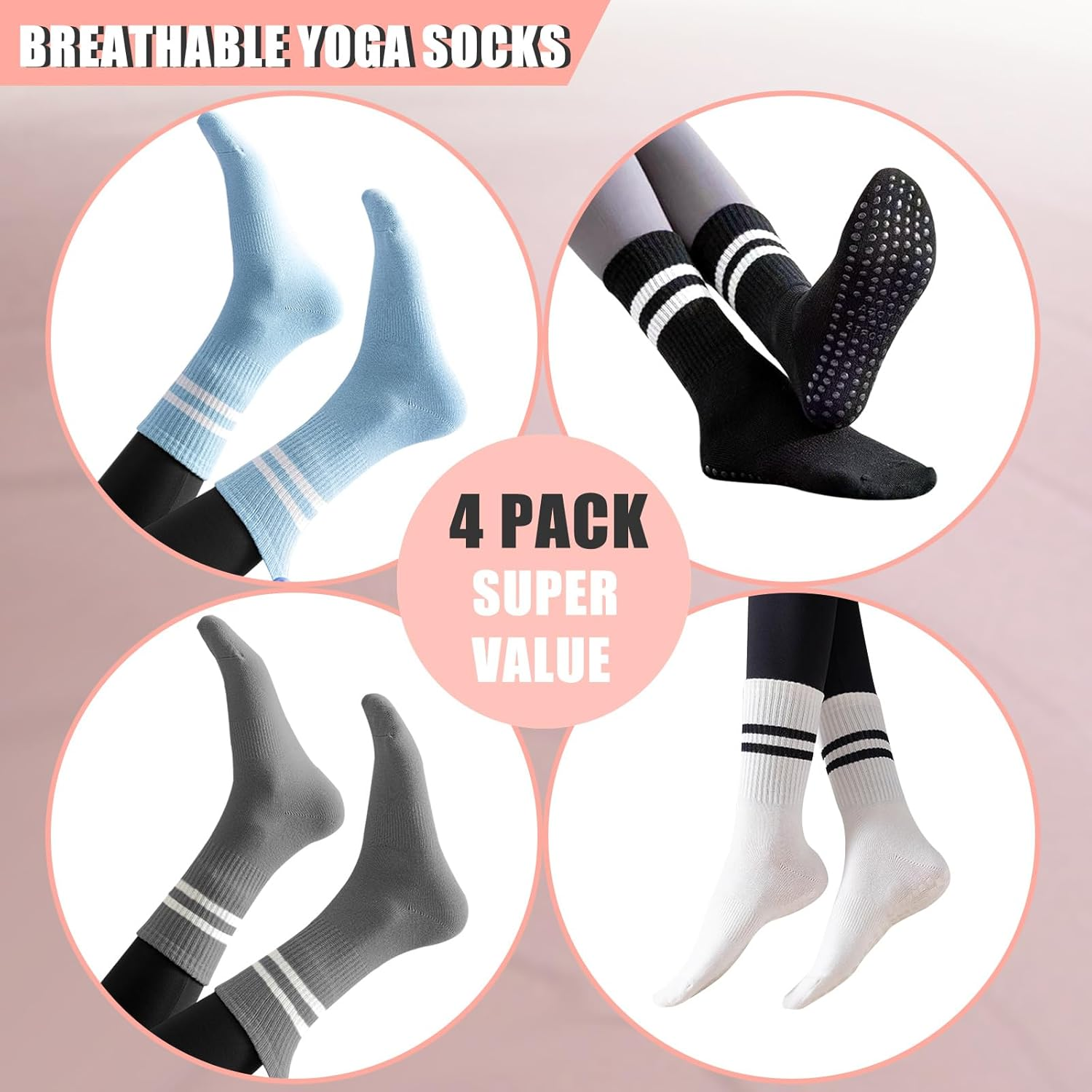 4 Pairs Yoga Grip Socks, Non Slip Pilates Socks Ladies Mid-Calf Pilates Grip Sock, Breathable Cotton Yoga Socks for Gym, Dance, Training, Barre, Fitness, Workout, Wooden Floor image number 5