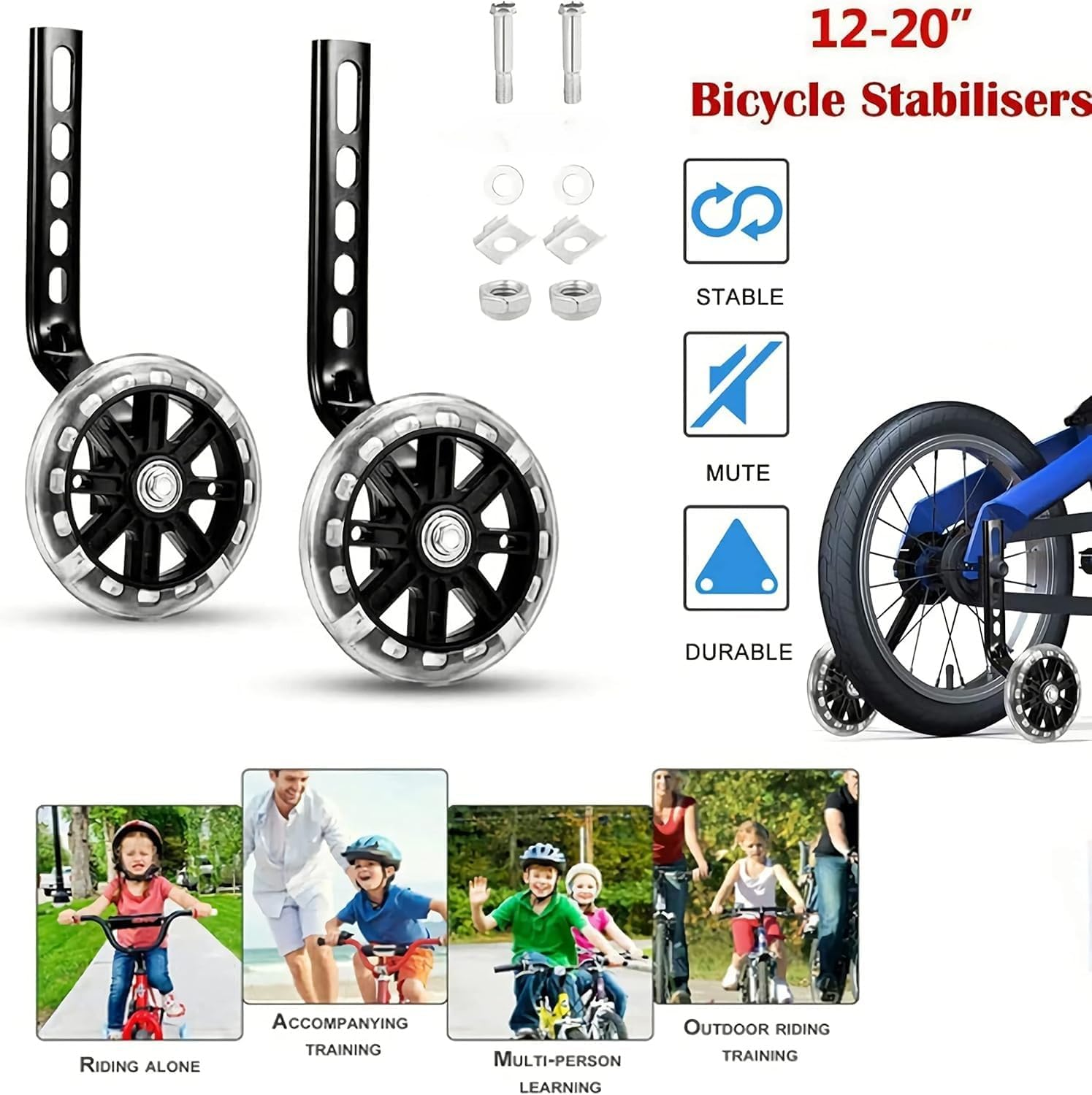 Flashing Kids Bicycle Training Wheels, Adjustable for 12/14/ 16/18/ 20/ Inch Bicycle Stabiliser, Adjustable Height, Training Wheels for Kids Bike Complete Installation Kit Included 1 Pair (Black)