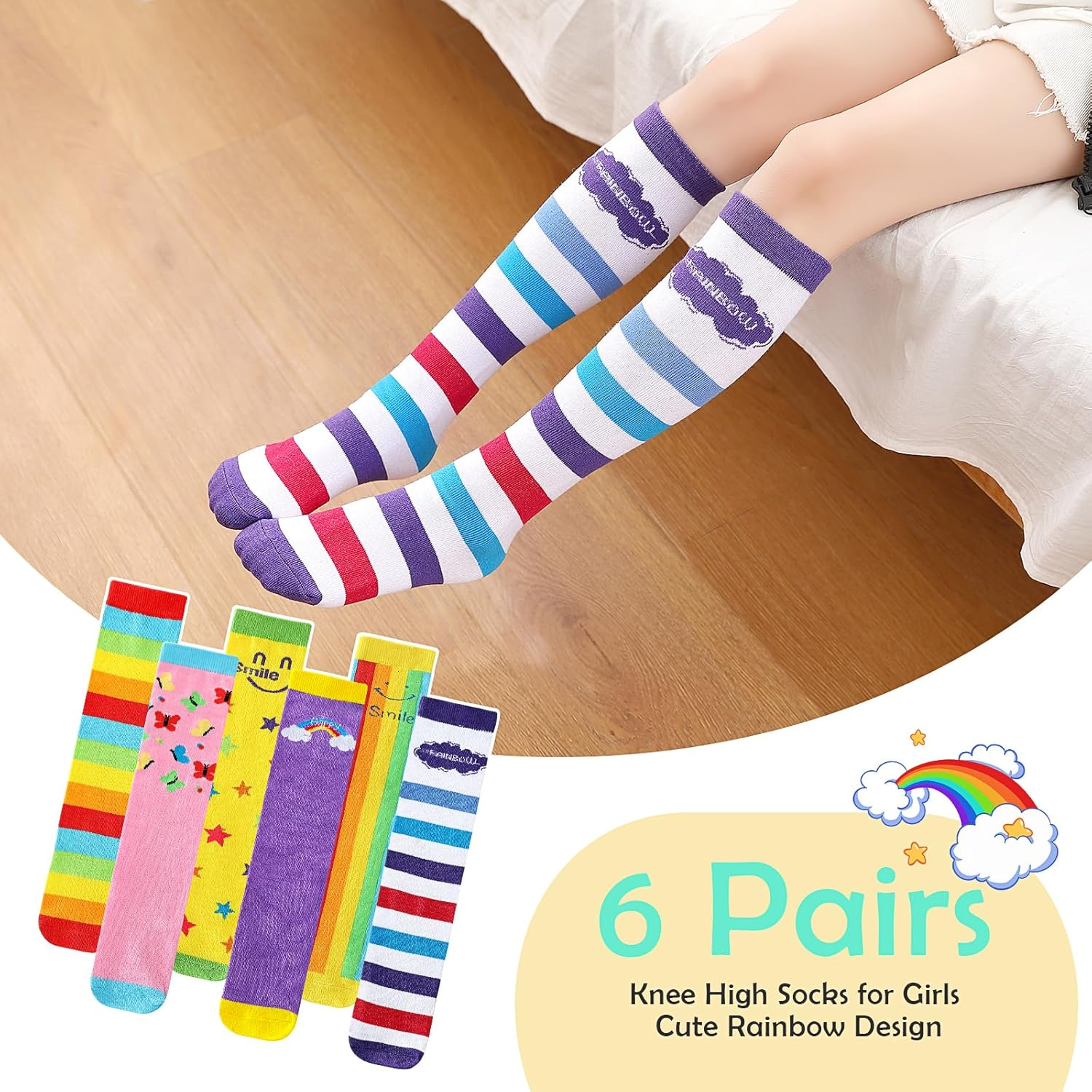 PHOGARY 6 Pairs Girls Knee High Socks, Cute Socks Colorful Cartoon Animal Warm Cotton Socks Crazy Funny Kids Odd Socks Mid Calf Long Boot Socks for 3-12 Years Girls, One Size (Rainbow), Rainbow, One image number 6