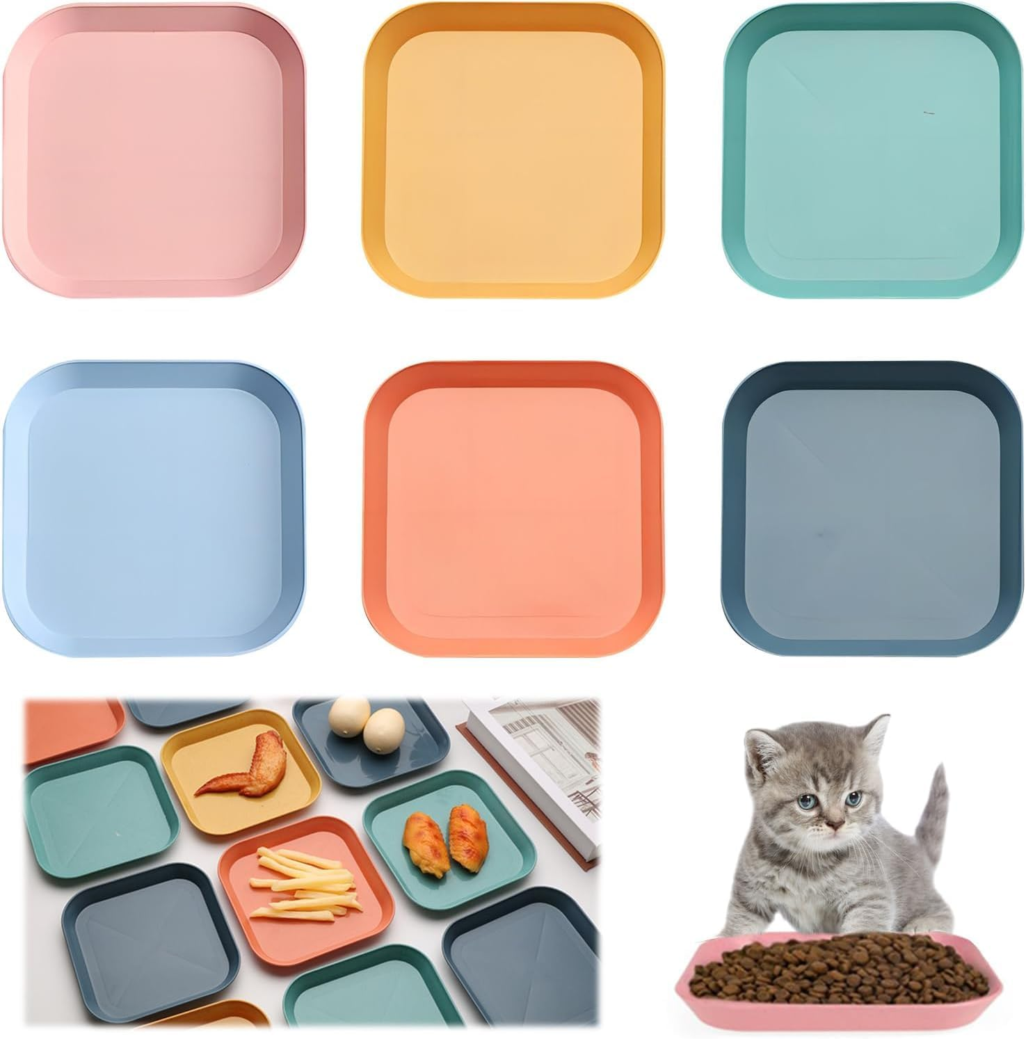 Square Shallow Cat Food Dish Cat Bowl,6Pcs Square Shallow Wide Cat Wet Food Flat Bowl