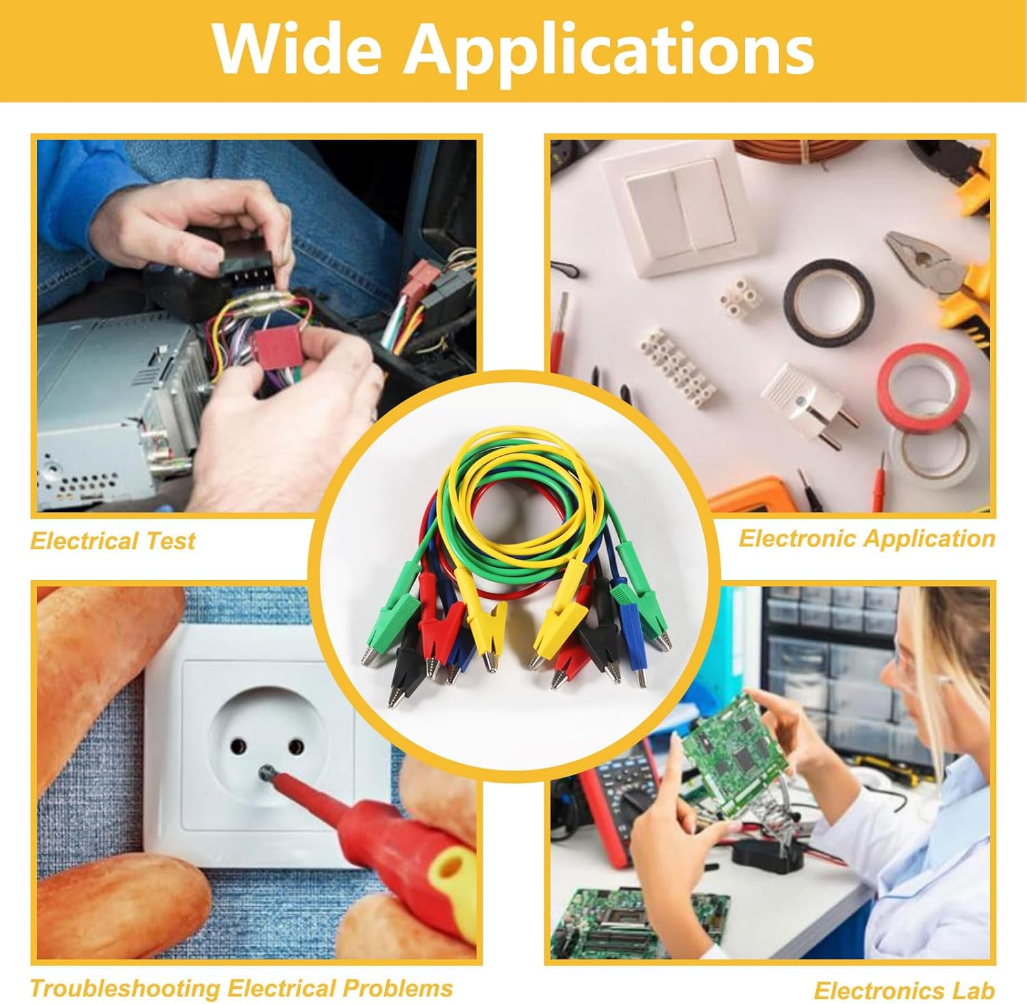 QCCAN 5PCS Alligator Clips Test Leads, 15A Test Leads Wire Cable with Insulators Clips, 3.3Ft/1M Test Leads with Alligator Clips for Electrical Testing image number 4