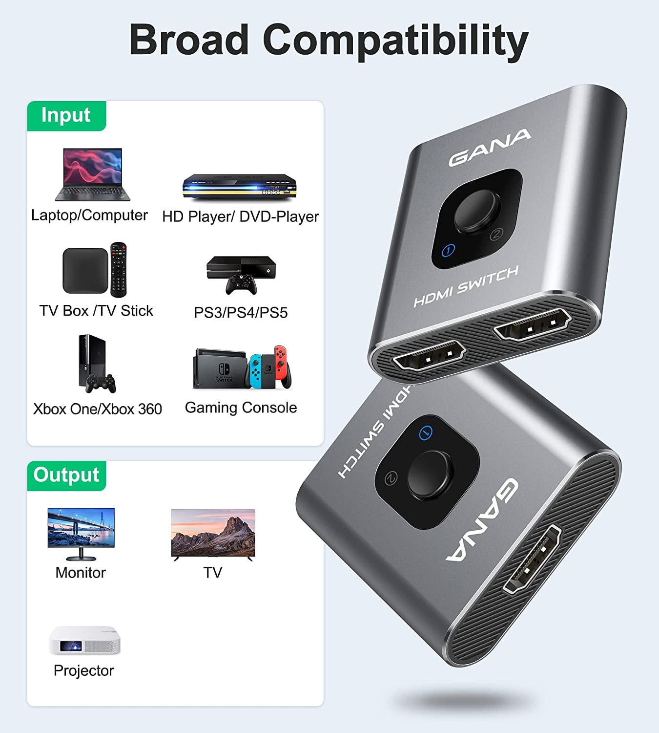 HDMI Switch 4K@60Hz Splitter, GANA Aluminum Bidirectional HDMI Switcher 2 in 1 Out, Manual HDMI Hub Supports HD Compatible with Xbox PS5/4/3 Blu-Ray Player Fire Stick Roku - Gray With 3Ft Cable image number 2