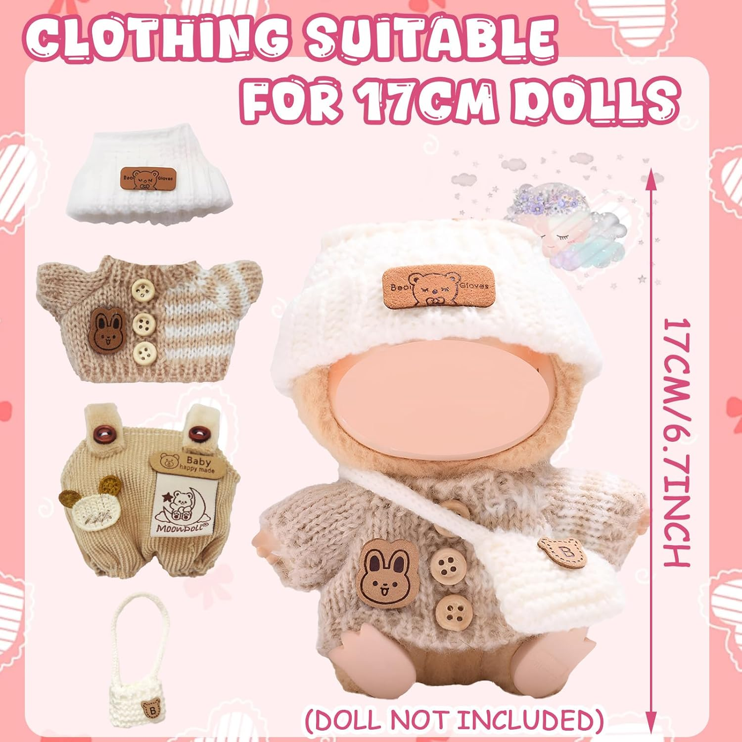 2 X Clothing for 17 Cm Labubu Plush with Pink Bottle Jumpsuit + White Bear Wool Hat + Pink Camera + Hair Accessories with Bow + Chanel Style Jumpsuit for Clothing DIY Children Gifts (Khaki) image number 1