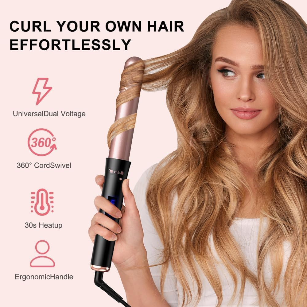 Waver Curling Iron Wand, 5 in 1 Curling Wand Set with LCD Digital Display & Temp Control, 3 Barrel and 4 Interchangeable Ceramic Hair Wand Hair Curler for All Hair Types, Glove & 2 Clips (Brown) - Brown image number 2